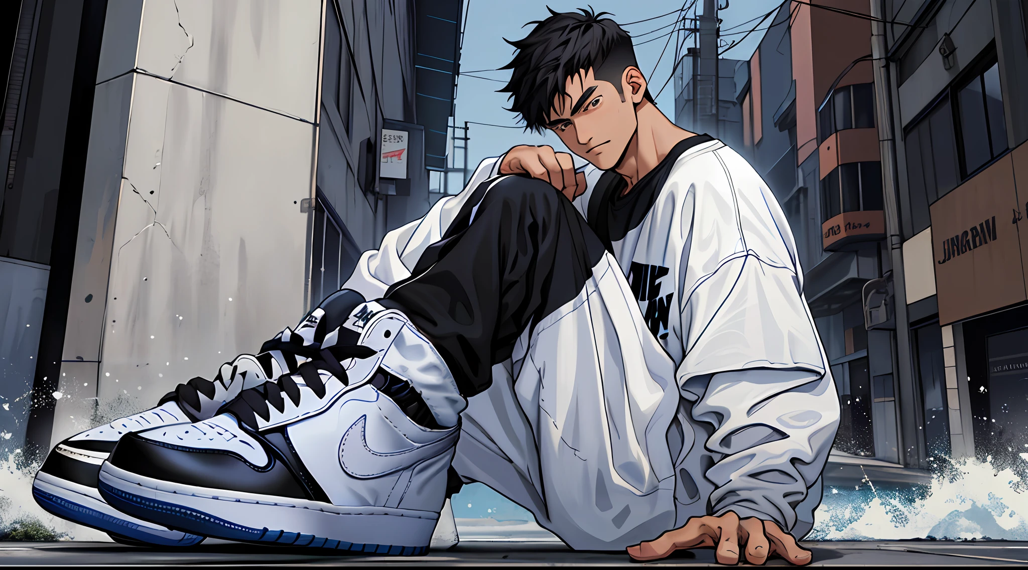 Highest quality, masterpiece level, ultra-high resolution native photos, 1.4x fidelity, loose white shirt, black sweatpants, (boys: 1), denim lens (sharp effect), Air Jordan 1 Retro High OG black shoes, short hair, height 1.82 meters, white skin, night view.