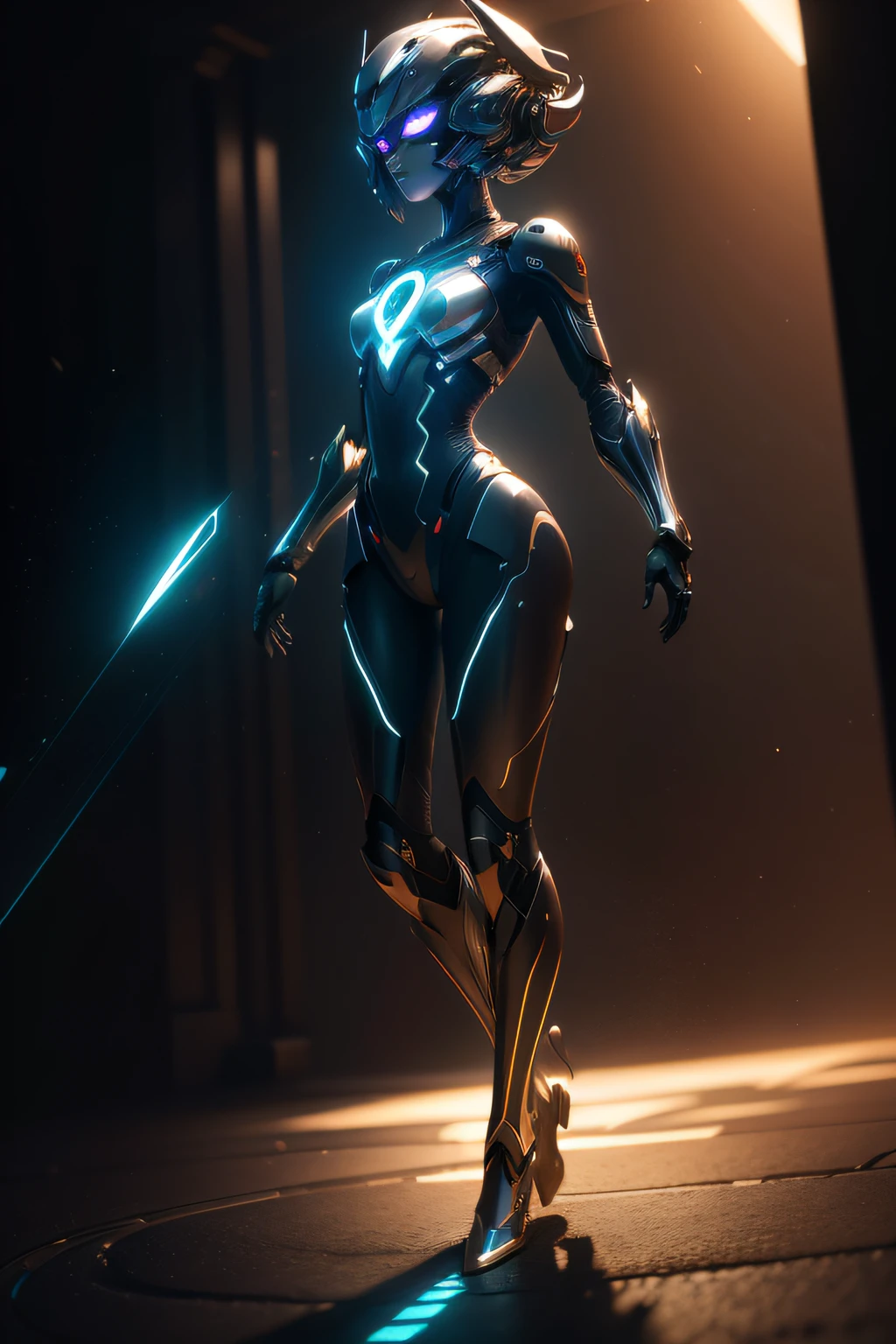 (extremely detailed CG unity 8k wallpaper,masterpiece, best quality, ultra-detailed),(best illumination, best shadow, an extremely delicate and beautiful),floating,high-tech android, futuristic design, sleek silhouette, dynamic pose, glowing eyes, metallic textures, advanced technology