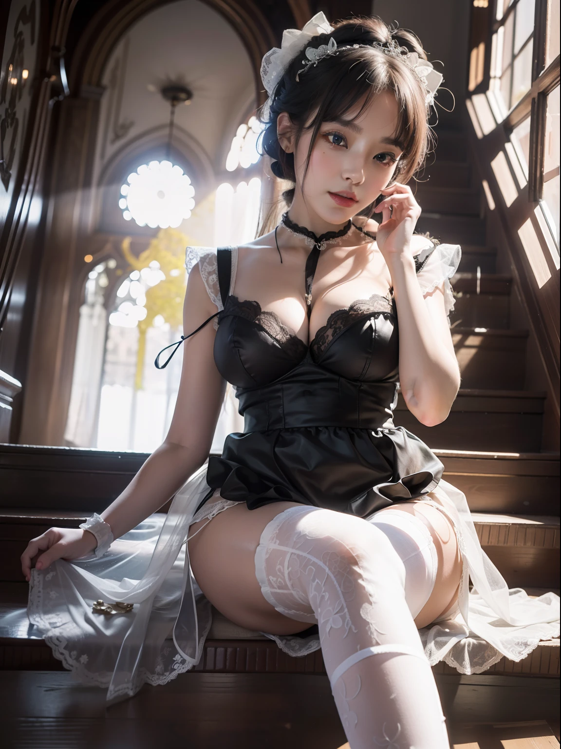 （（tmasterpiece））， （top-quality）， 8K, yes， high detal， Hyper-detailing， 24 year old woman sitting （Vintage photo style： 1.1）， Ethereal whimsical style， tmasterpiece， primitive， white under lingerie， Taut Underwear， Capture photos of Lolita's stylish glamour and innocence， Introducing the intricate details of the intricate lace and ruffles of the dress， delicated， retro aesthetic， whimsically， lolita fashion， Delicate bow adorns dresses and stockings， Lace gloves add a touch of elegance、delicated、retro aesthetic，"Charming and seductive、Doll-like、aethereal、𝓡𝓸𝓶𝓪𝓷𝓽𝓲𝓬、whimsically、everlasting"，The soft sunlight gives the porcelain skin a warm glow，Creates a fantastic atmosphere、hentail realism、vfx、FXAA、TXAA、RTX、SSAO、Shaders、No noise、ambientlighting、Tone-mapping、Soft sunshine、A high resolution、hyper HD、Mega Pixel、（8K resolution：1.10）、8K、 8K resolution，high detal，intricately details，Delicate expression，（high high quality：1.2，tmasterpiece：1.2，：1.21），（24 years of age，femele：1.21），（posing elegantly，Sit quietly），（Innocent and seductive eyes），（Playful and whimsical pose），（ssmile，blissful），Sitting on the stairs wearing black stockings，She exudes an aura of enchantment，Take you into a world full of fantasy and beauty