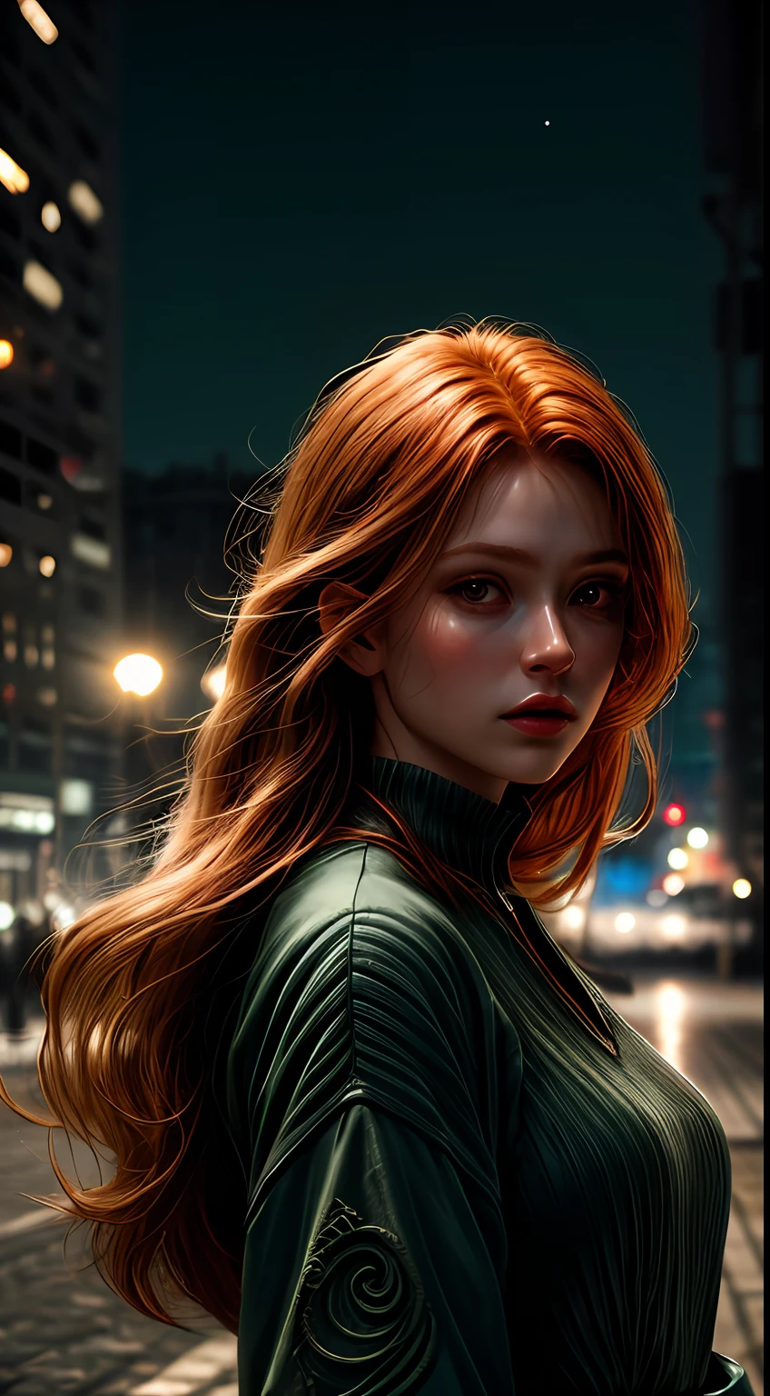 close up of a gorgeous young woman, ginger hair, candid, street photo, chic clothes, wind, busy city, nighttime, moon glow, natural skin texture, 24mm, 4k textures, soft cinematic light, RAW photo, photorealism, photorealistic, intricate, elegant, highly detailed, sharp focus, ((((cinematic look)))), soothing tones, insane details, intricate details, hyperdetailed, low contrast, soft cinematic light, dim colors, exposure blend, hdr, faded