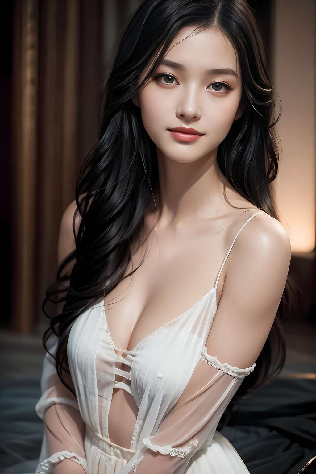Best quality, masterpiece, ultra high res, (photorealistic:1.4), raw photo, 1girl, long black hair, makeup, grin, face closeup, lowkey, dimly lit, dark room, bright eyes
