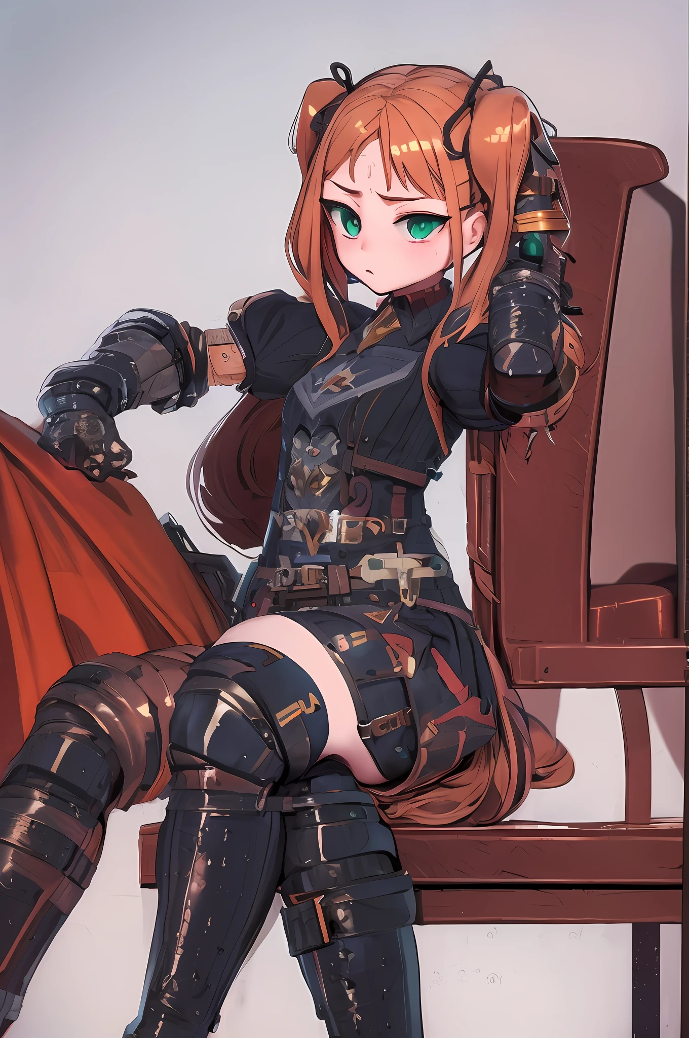 Anime girl sitting in a chair with a gun in her hand, protagonista feminina 👀 :8, badass anime 8 k, the anime girl is crouching, em armadura de couro, de ******s da linha de frente, ****** da armadura, feito com anime painter studio, personagem de anime feminino, Guweiz em ArtStation Pixiv, Guweiz em Pixiv ArtStation, pixiv 3dcg |