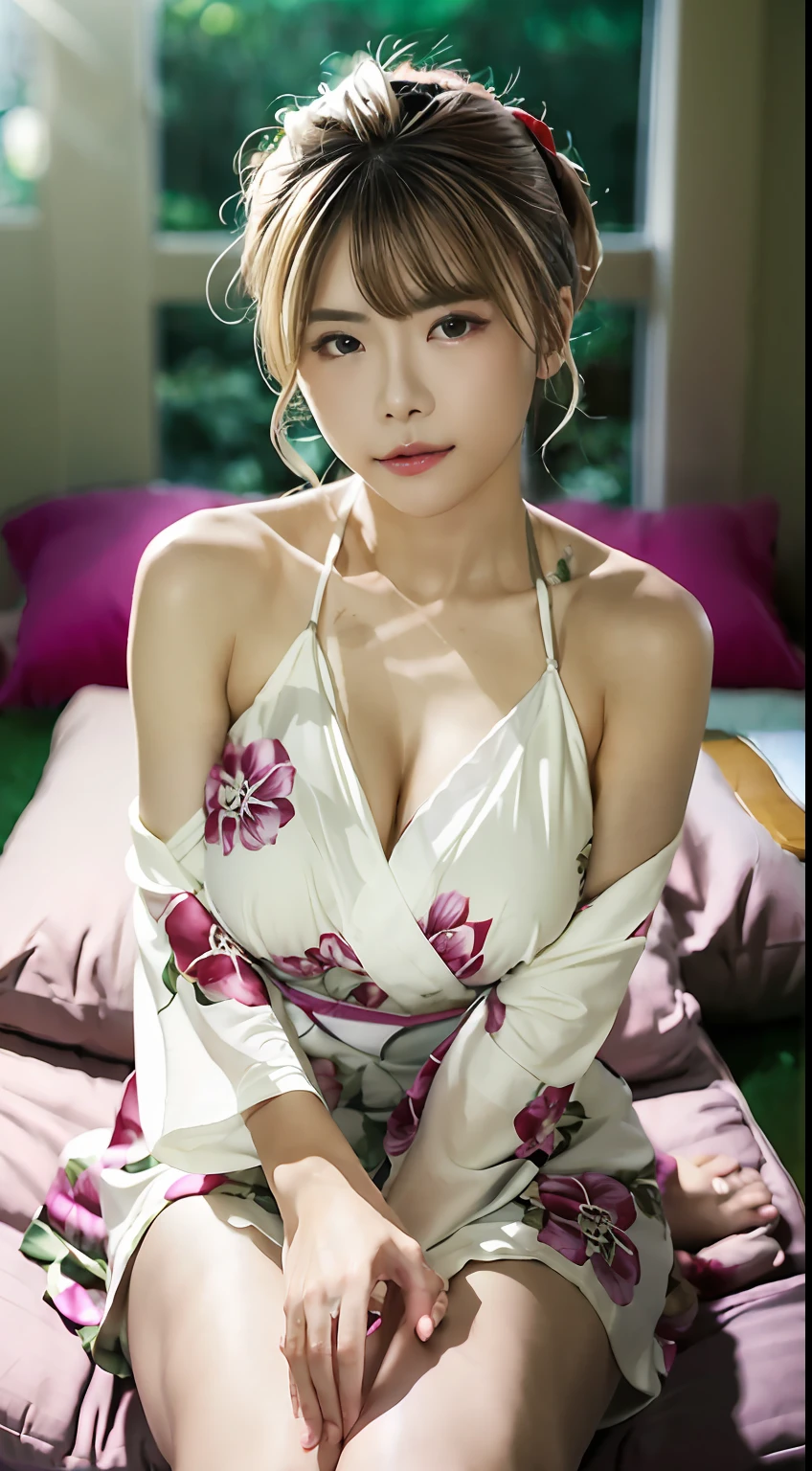 top-quality、超A high resolution、(Photorealsitic:1.4)、女の子1人、inn、floral Yukata、Chest wide open、(White hair:1)、(huge-breasted:1.2)、looking at viewert、Bring your chest together、With his legs wide open、 (Sitting on a futon))、Hands on the head