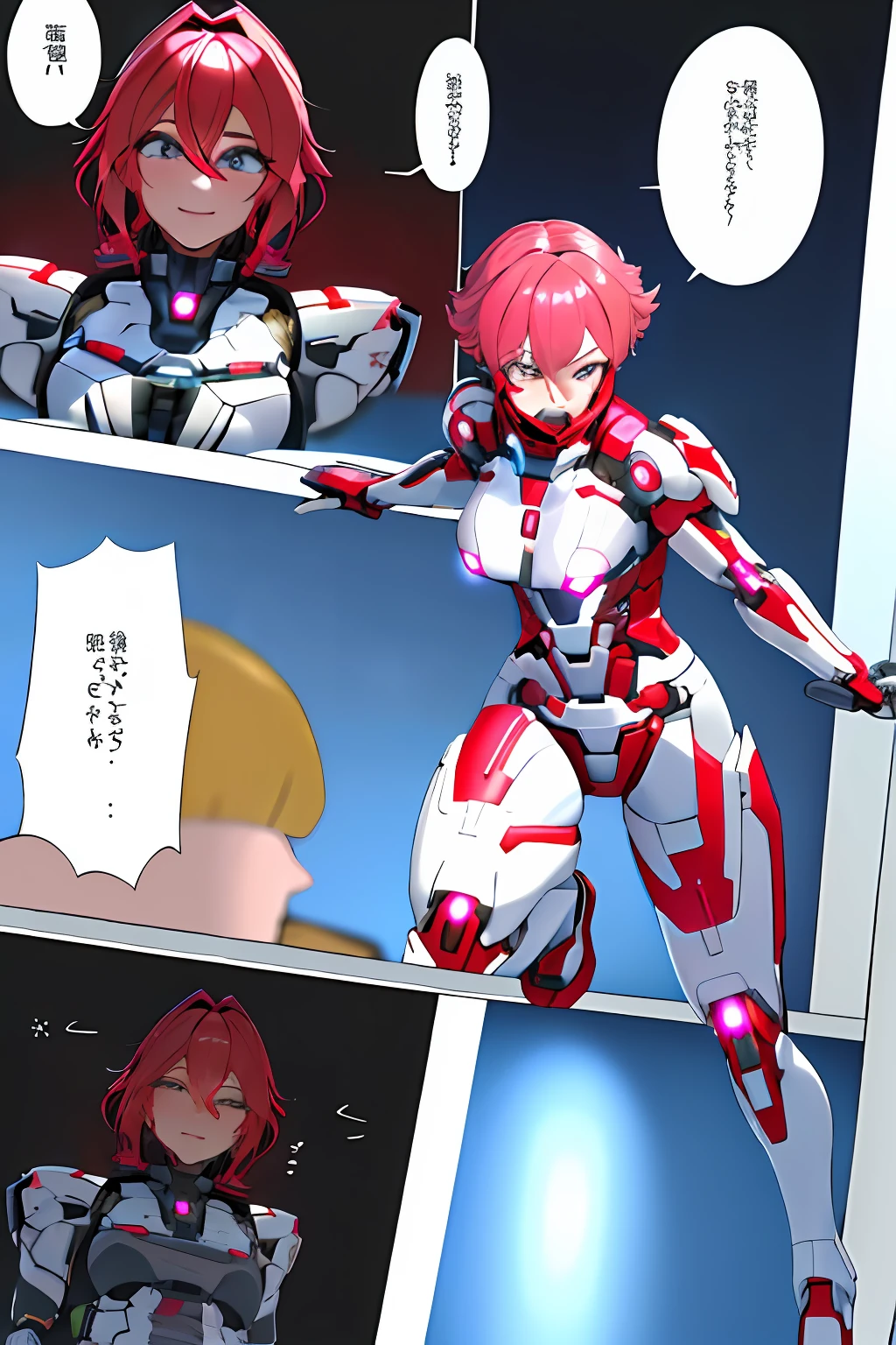 ((anime masterpiece)) female figure, female robot, robot-like nurse, (anime style) in a med room, hospital room, futuristic technology, tech, intricate designs and patterns,  high tech neon, Immerse yourself in the pulsating energy of a futuristic city at night, reminiscent of 90's sci-fi space anime. The hospital room is a mesmerizing dance of neon lights, and short pink-haired robot doctor in an eye-catching, sleek suit glides with elegance among the patients. Her movements echo the grace of a dancer, as she expertly tends to their needs. The robot nurses, resembling characters from a 90's sexy anime, assist her with a touch of allure and charm, all while providing top-notch medical care in this captivating dreamscape. (similar to a pretty Cortana) (similar to a pretty Ironman (ironwoman)) closed room, mother figure, face 20 years, a woman's armor with intoxicating curves, enchanting charm, and plump chest, with a high degree of anthropomorphism, the armored body is composed of a human body wearing a white tight one-piece leather suit, the skin of the character's face is mechanized into white mechanical skin, the whole body of the mecha