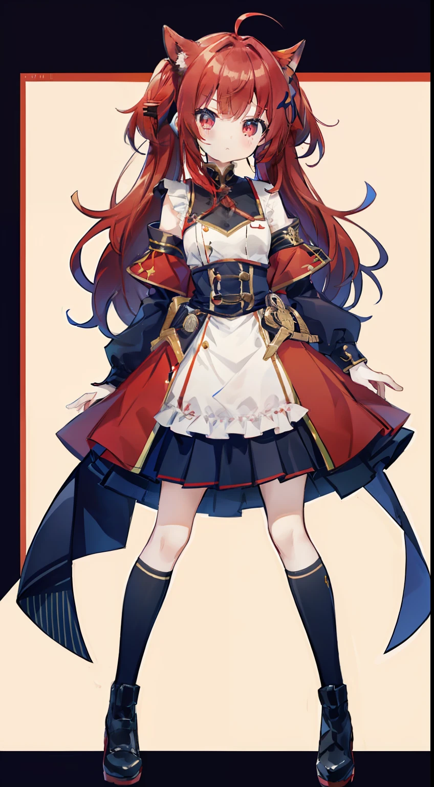 Standing Picture、full bodyesbian、military outfits、skirt by the、red hairs、One Girl、cute little、​masterpiece、Top image quality、top-quality、poneyTail、Straight face、a very cute、