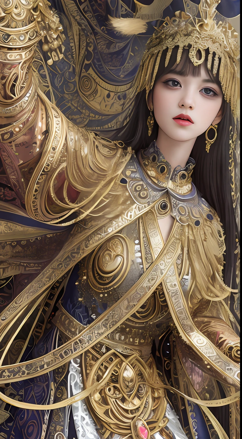 (masterpiece, top quality, best quality, official art, beautiful and aesthetic:1.2), (1girl), extreme detailed,colorful,highest detailed, official art, unity 8k wallpaper, ultra detailed, beautiful and aesthetic, beautiful, masterpiece, best quality, (zentangle, mandala, tangle, entangle) ,holy light,gold foil,gold leaf art,glitter drawing, PerfectNwsjMajic