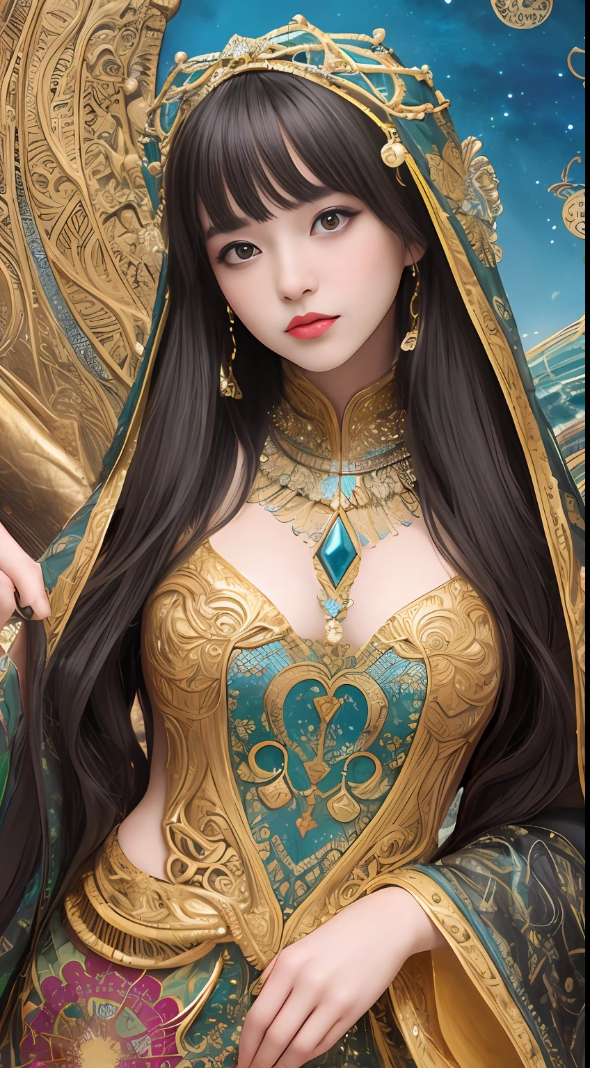 (masterpiece, top quality, best quality, official art, beautiful and aesthetic:1.2), (1girl), extreme detailed,colorful,highest detailed, official art, unity 8k wallpaper, ultra detailed, beautiful and aesthetic, beautiful, masterpiece, best quality, (zentangle, mandala, tangle, entangle) ,holy light,gold foil,gold leaf art,glitter drawing, PerfectNwsjMajic