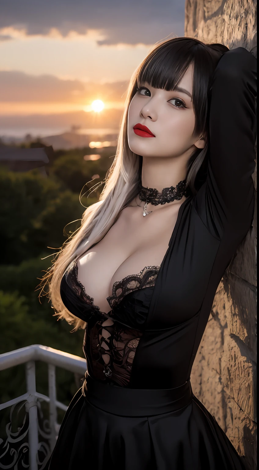 ((Best Quality, 8K, masutepiece:1.3, 1 girl, Beautiful Girl)), Cute, Dynamism, Detailed face, Detailed skin, Detailed eyes, Detailed lips, Detailed fingers, Round buttocks, Photorealistic, Raw photo, Natural light, Perfect Anatomy, big breasts, ((silver hair, blunt bangs)), tied up gothic ta Black maid dress, long sleeve, Looking at Viewer, thighhigh, red lips, sunset, gothic mansion, cleavage, spreading legs, ecstatic face, nsfw, armpits, braided