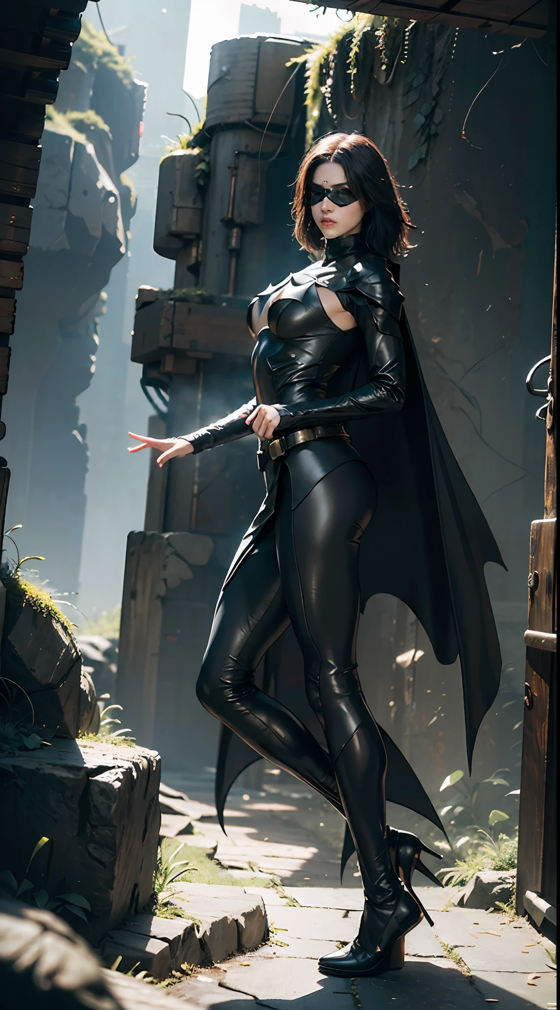 RAW, Masterpiece, Super Fine Photo,, Best Quality, Ultra High Resolution, Photorealistic, Sunlight, Full Body Portrait, Stunningly Beautiful, Dynamic Poses, Delicate Face, Vibrant Eyes, (Side View) , she is wearing a futuristic Batman costume, long skirt, turtleneck top, cape, Batman eye patch, lying on the ground with one hand, very detailed background, detailed face, detailed busy background, messy, gorgeous, milky white, High detailed skin, realistic skin detail, visible pores, sharp focus, volumetric fog, 8k uhd, dslr, high quality, film grain, fair skin, photorealism, lomography, massive in a futuristic dystopia metropolis, view from below, translucent