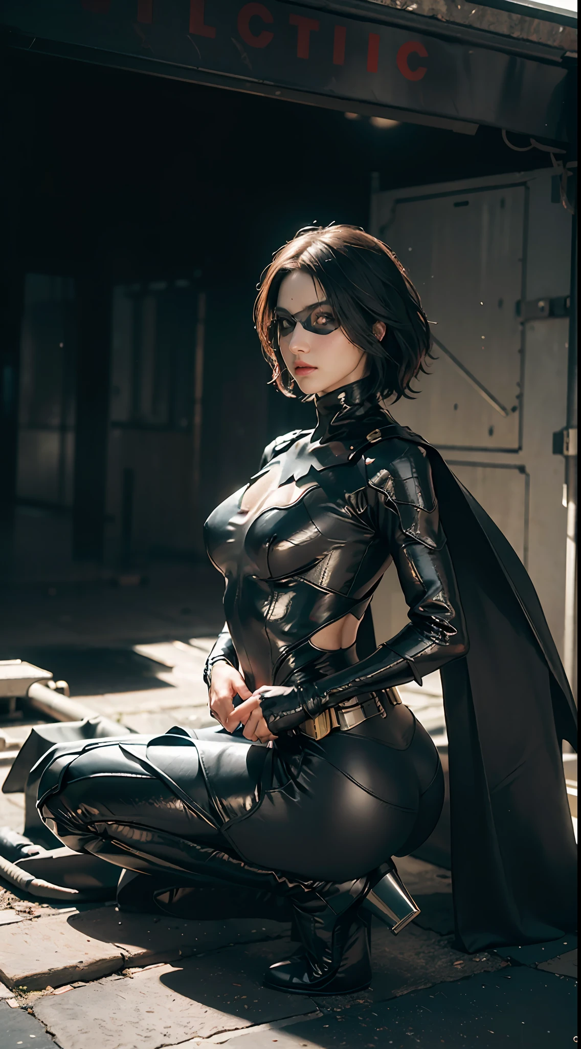 RAW, Masterpiece, Super Fine Photo,, Best Quality, Ultra High Resolution, Photorealistic, Sunlight, Full Body Portrait, Stunningly Beautiful, Dynamic Poses, Delicate Face, Vibrant Eyes, (Side View) , she is wearing a futuristic Batman costume, long skirt, turtleneck top, cape, Batman eye patch, lying on the ground with one hand, very detailed background, detailed face, detailed busy background, messy, gorgeous, milky white, High detailed skin, realistic skin detail, visible pores, sharp focus, volumetric fog, 8k uhd, dslr, high quality, film grain, fair skin, photorealism, lomography, massive in a futuristic dystopia metropolis, view from below, translucent