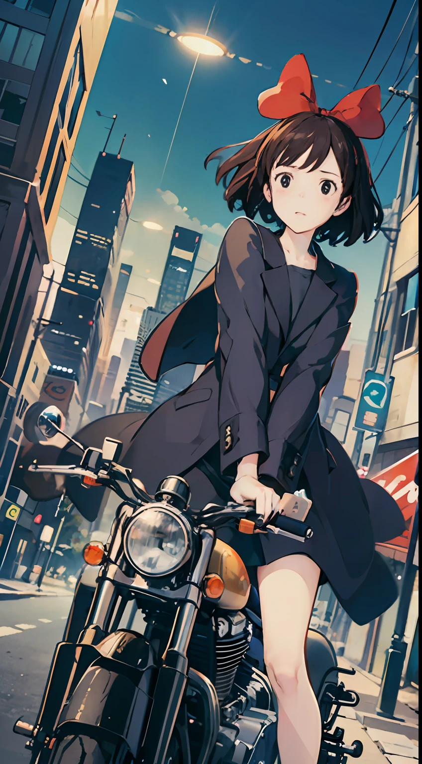 Best image quality, outstanding detail, super high resolution, (realism: 1.4), best illustration, prefer details, riding a motorcycle, the background is a high-tech lighting scene of a futuristic city, black coat, red ribbon, Kiki, Gigi,