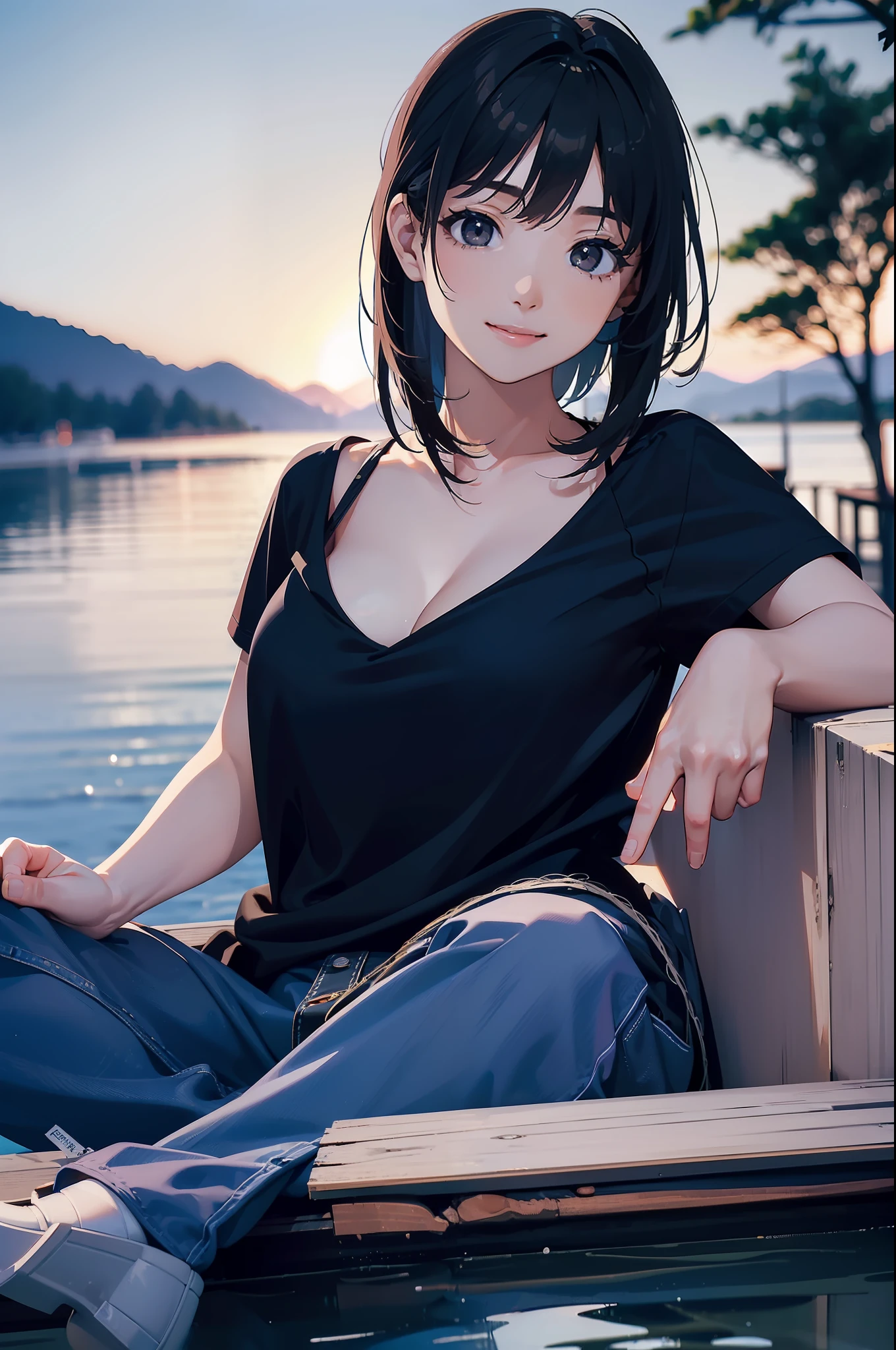 (((Fishig by the lakeside:1.1))),((Best quality, 8k, Masterpiece :1.3)),1 japanese mature female,(((fishig))),black hair, longeyelashes, solid circle eyes, light smile, drop shadow, atmospheric perspective, 8k, super detail, ccurate, best quality, middle breasts,black jacket, Black T-shirt ,navy blue jeans,