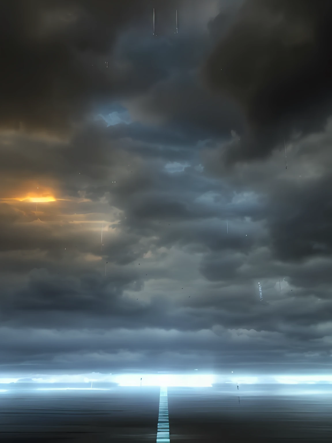 There is a long string of clouds over the body of water, Magical cloudy background, quality astral projection render, distant glowing figures, ominous background, Glowing ominous clouds, volumetric light clouds, epic clouds and godlike lighting, Ethereal ghostly breath, faint volumetric god rays, skybox, Ghost night sky, Ominous apocalyptic background