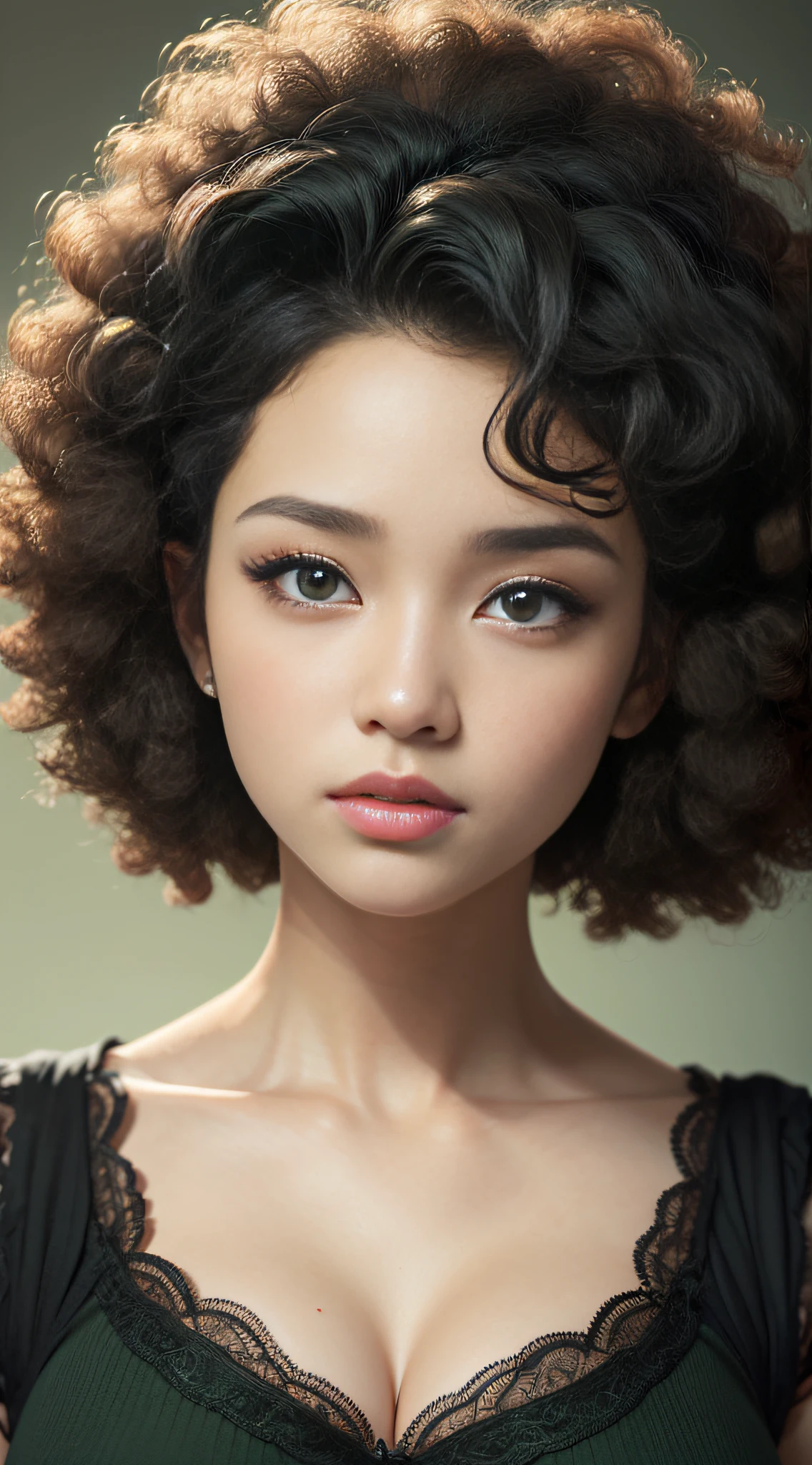 Girl Highly Detailed Face and Skin Texture, ((white skin)) big green eyes, slim face, juicy lips, bimbo lips, big puffy breast, ((afro curly Black hair)), pale skin, Detailed Eyes, Double Eyelids,