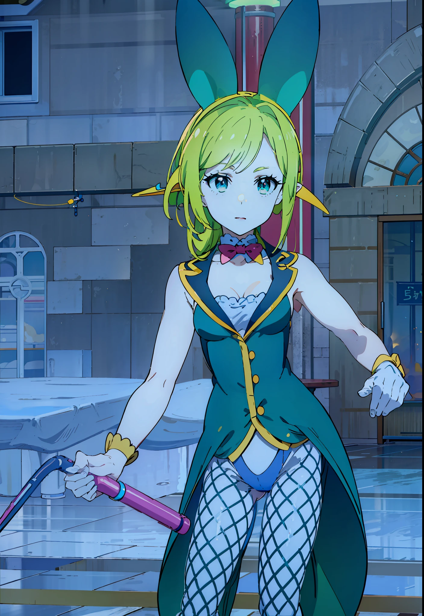 8K, high accuracy, animated, married woman, beautiful, small face, beautiful, bright, highlights in eyes, sexy, super big tits, extra large breasts, nipples, erotic, nude, beautiful line drawing.
She has light blue skin, orange fins, pointy ears, head fins, yellow-green hair, green outfit, green bunny suit, bunny suit, net tights on legs, net tights, whip,