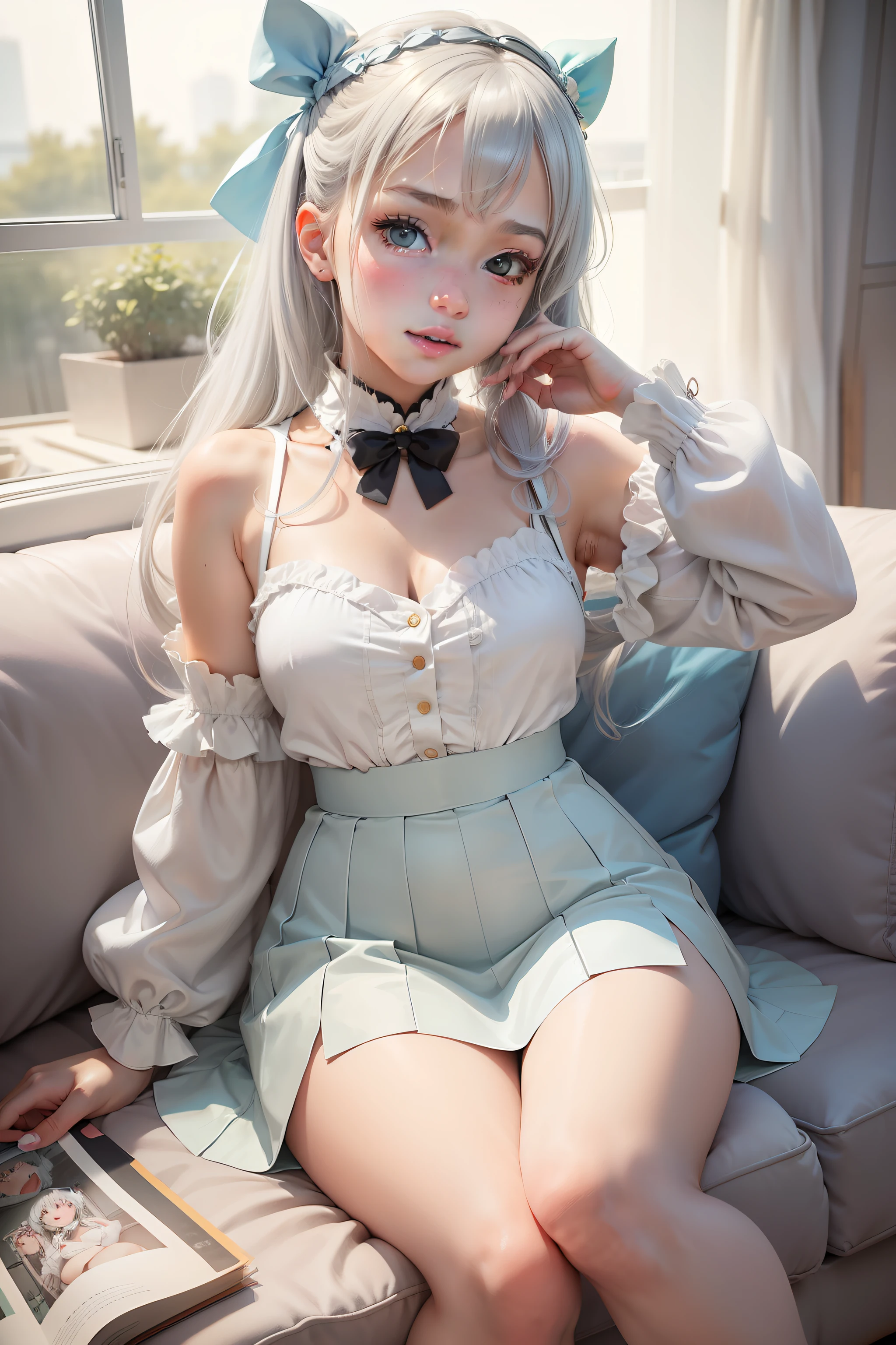 There was a young girl with gray hair sitting on the sofa,anime girl in real life,Off-white double-tailed hair and cyan eyes,Anime girl cosplay,Belle Delphine,realistic young gravure idol,gray-white hair,Pink tight skirt cute girl,cute kawaii girls,Lori in dress,Realistic young anime girl,beautiful alluring anime girl