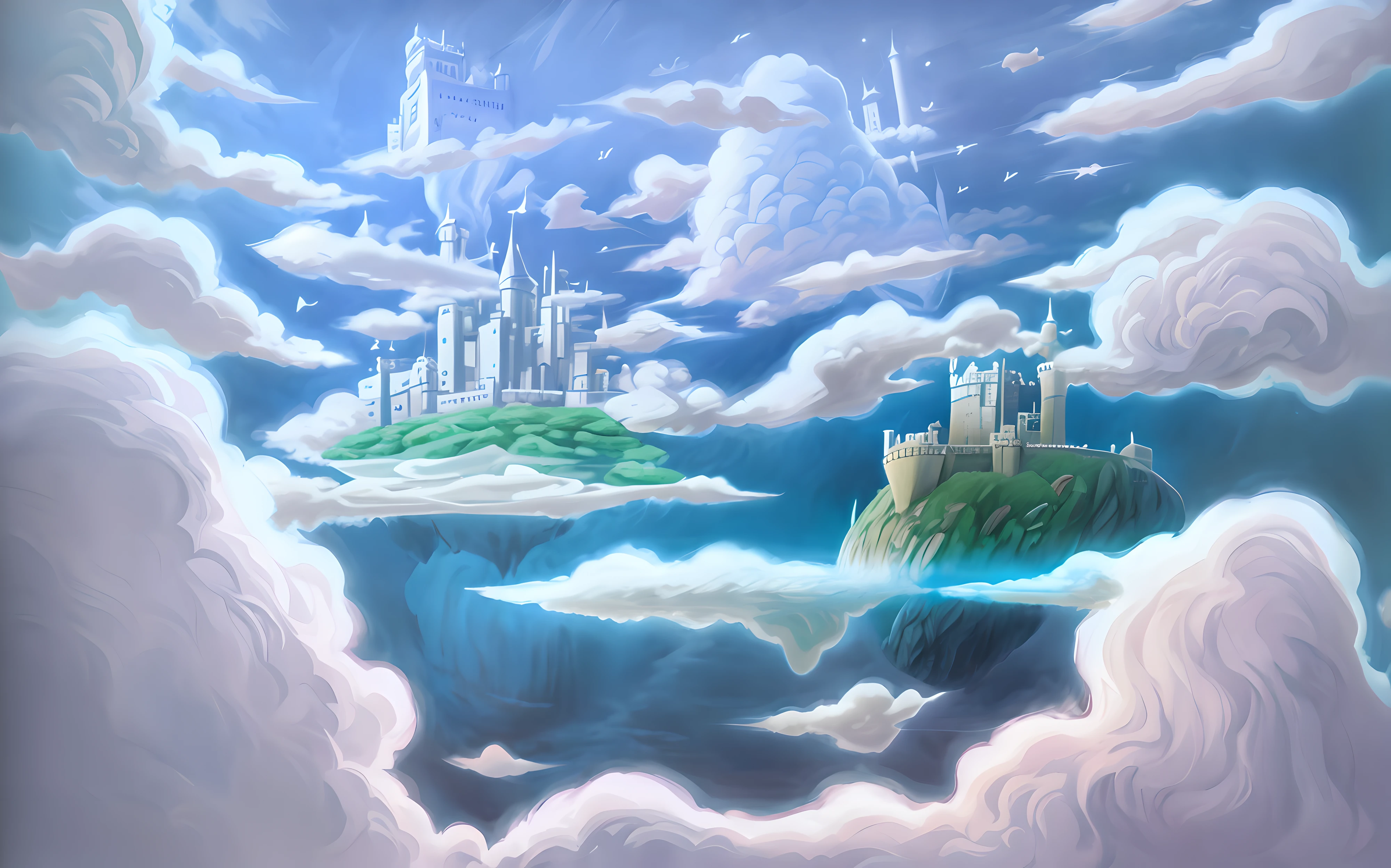 Portrait of a man and a woman on board, castle in the sky style, flying cloud castle, floating city on clouds, Castle in the sky, ghibli moebius, Floating city in the sky, studio ghibli smooth concept art, last exile anime, Studio Ghibli Sky, an immense floating castle, Flying Island in the Sky