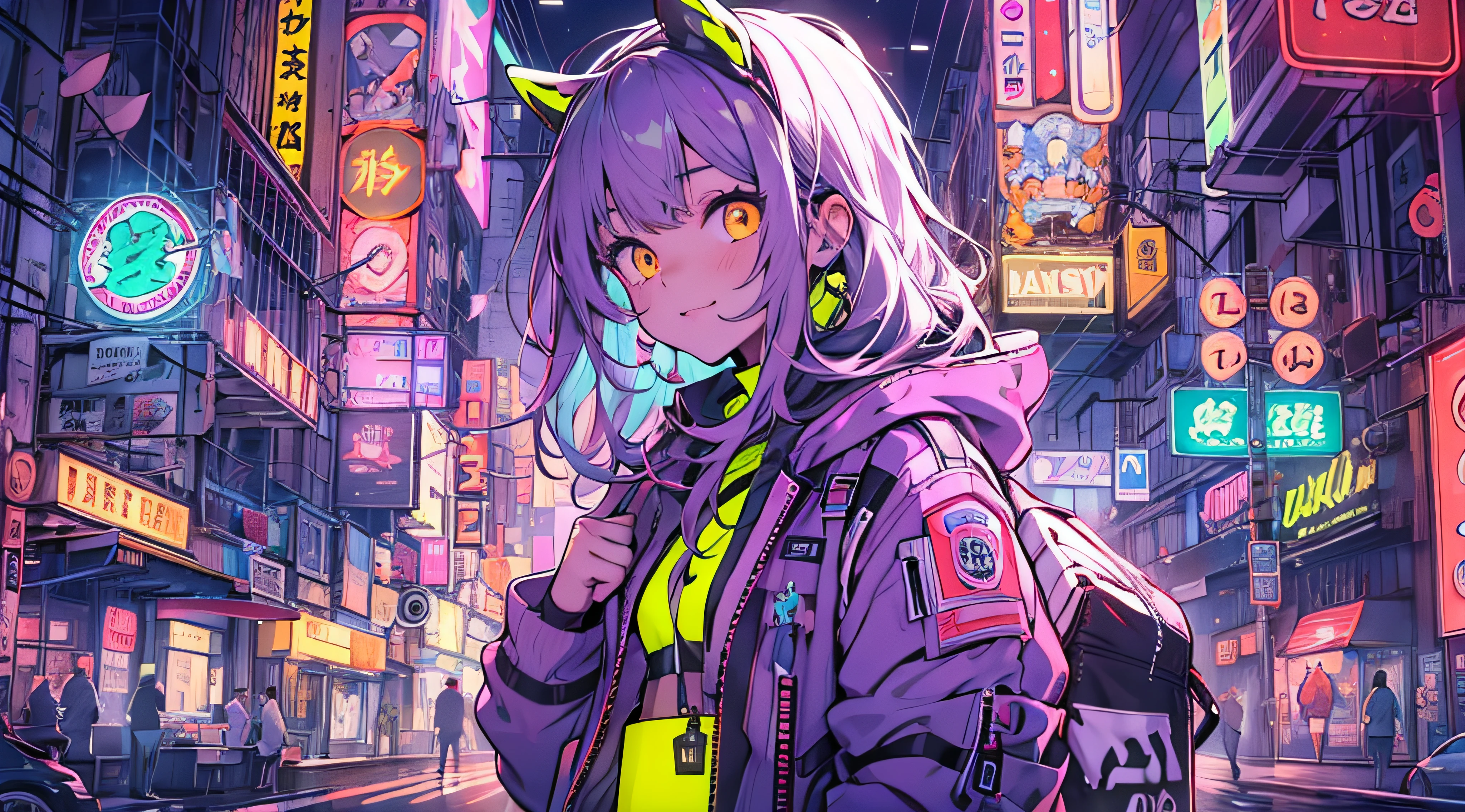 single cute adult girl in neon city