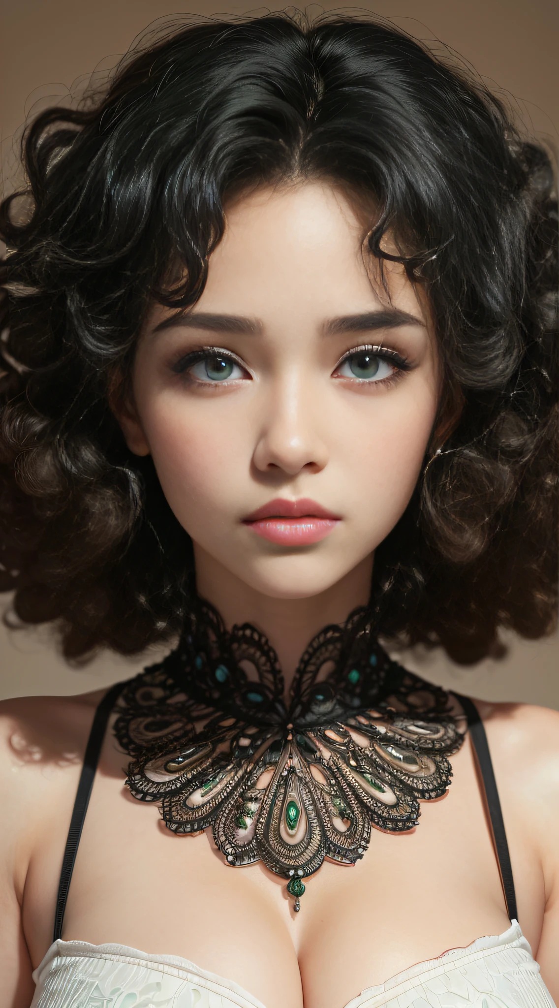 Girl Highly Detailed Face and Skin Texture, ((white skin)) big green eyes, slim face, juicy lips, bimbo lips, big puffy breast, ((afro curly Black hair)), pale skin, Detailed Eyes, Double Eyelids,