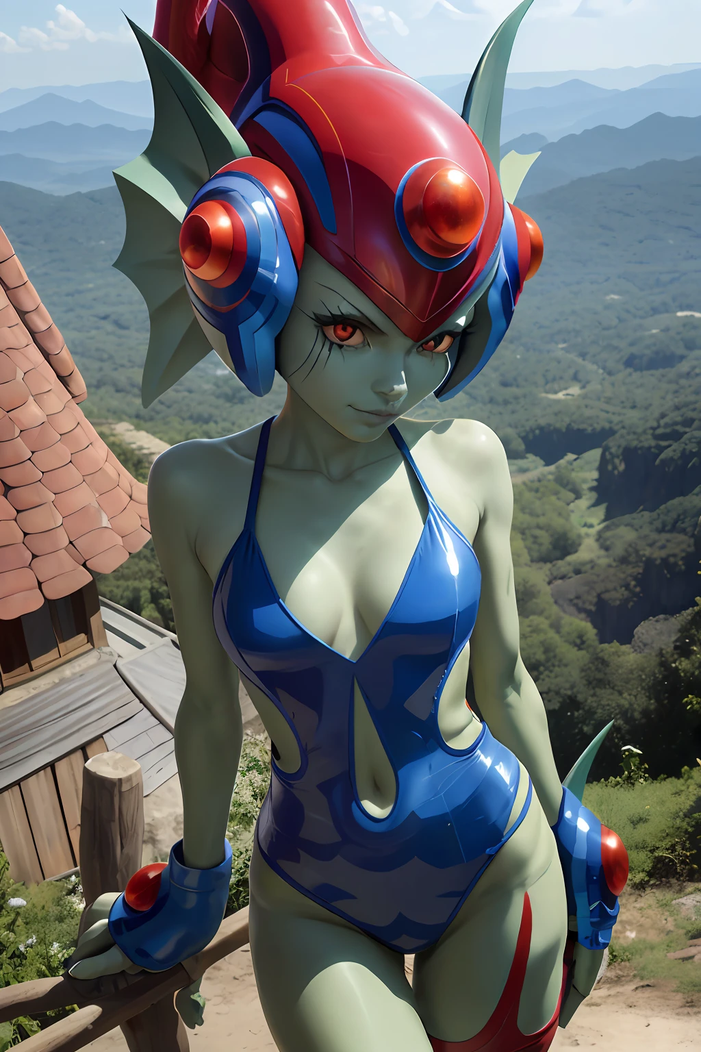 Ranamon,monster girl,helmet,(hairless),green skin,red eyes,gloves,blue leotard,fins,dutch angle,clothing cutout,side cutout,anklet,digimon, proportional eyes, (realistic:1.5), extremely detailed, hyper detailed, soft lighting, detailed background, extreme detail background, sharp details, beautiful face, symmetrical eyes, short red hair, short hair, red hair, green eyes, woman, high quality, (full body:1.3),