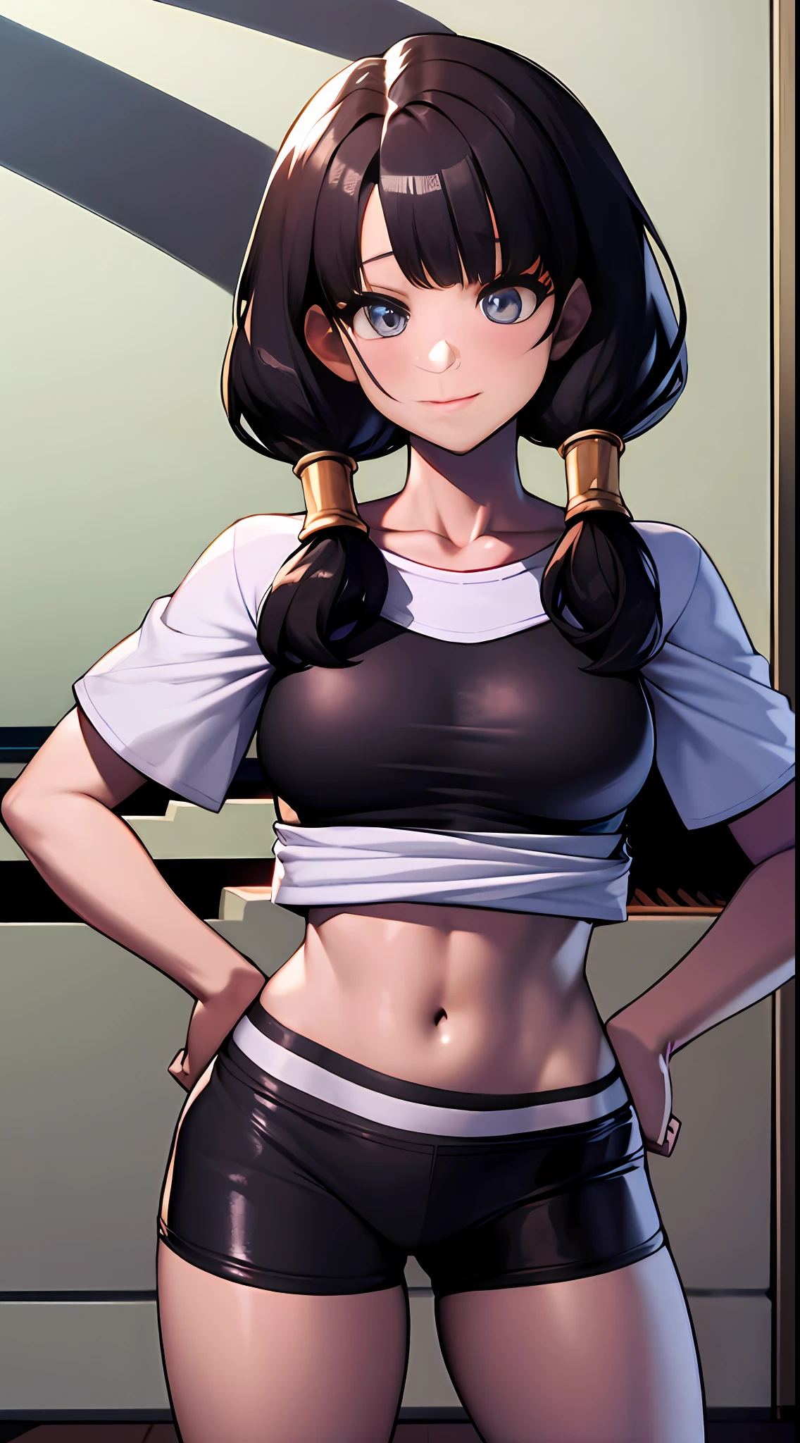 obra-prima, melhor qualidade, highres, 1girl, solo, olhos azuis, cabelo preto, twintails, luvas pretas, bike_shorts, franja, camisa branca, distintivo, middlebreasts, tiro de cowboy, franzir a testa, hand on hip, inclinando-se para a frente, apontando para o espectador, cabelo vermelho