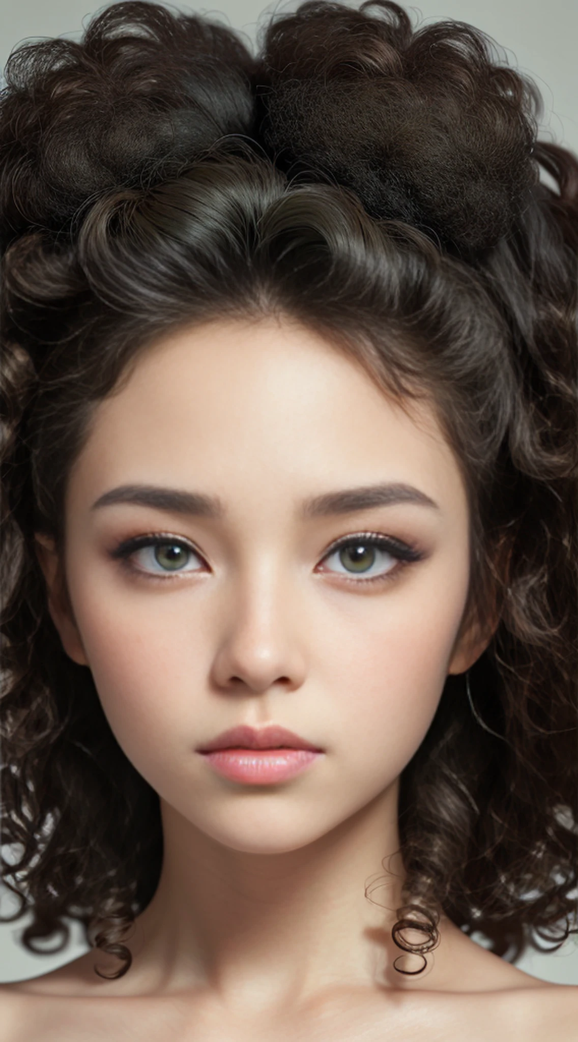 Girl Highly Detailed Face and Skin Texture, ((white skin)) big green eyes, slim face, juicy lips, bimbo lips, big puffy breast, ((afro curly Black hair)), pale skin, Detailed Eyes, Double Eyelids,