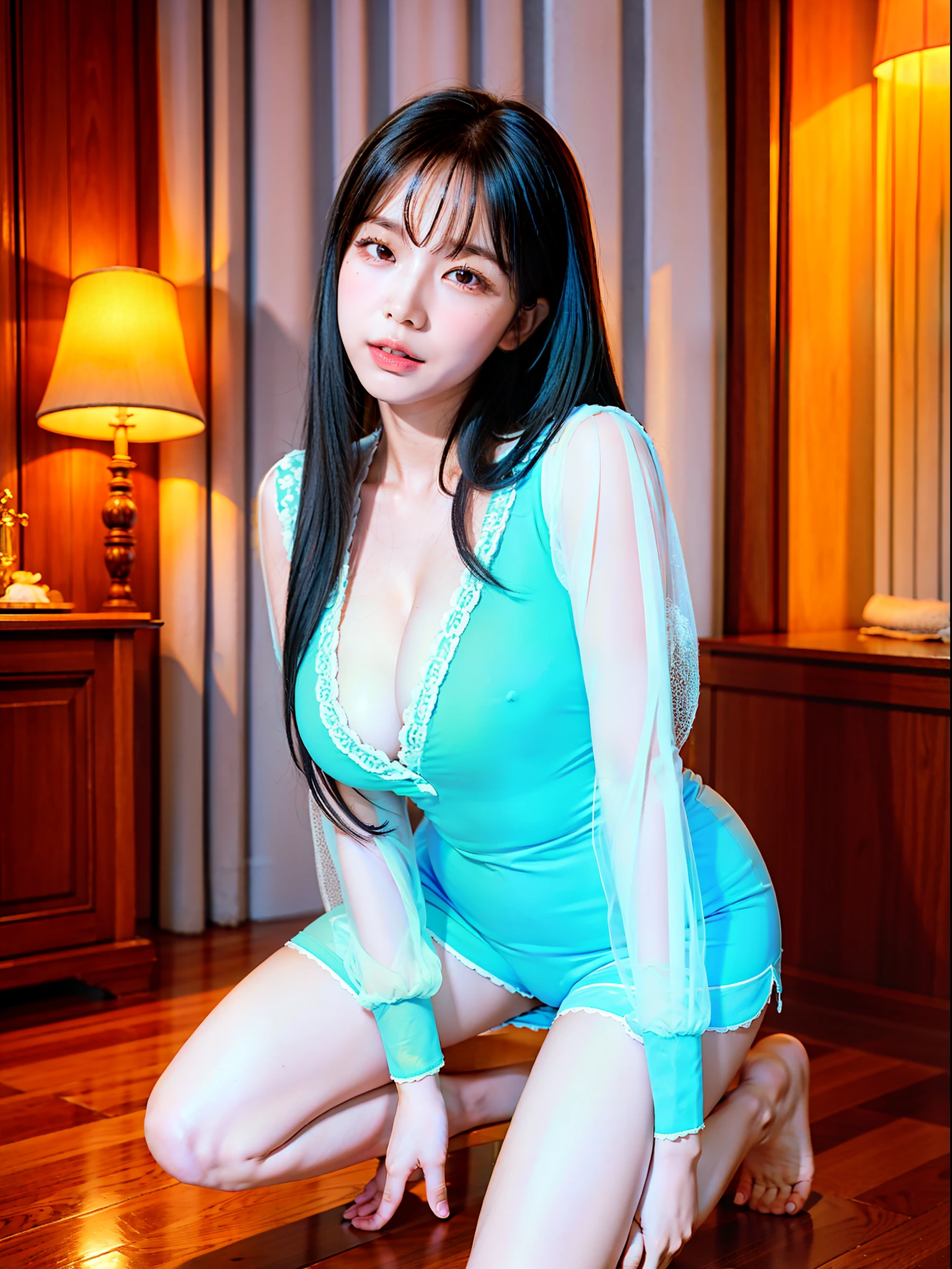 Goddess-like posture,Kneeling exercise,Slim and soft,Translucent skin,Black hair、The beauty of extra-long hair, Super Long Straight Hair,The skin is fair and juicy,Big JK Uniform,Perspective Part 1.2x enhanced silhouette effect,Exquisite transparent blues pattern in pajamas,The details are intricate and exquisite,The background is slightly blurred,Charming and lustful leg seduction,Drool,Big breasts H cup,Blush,