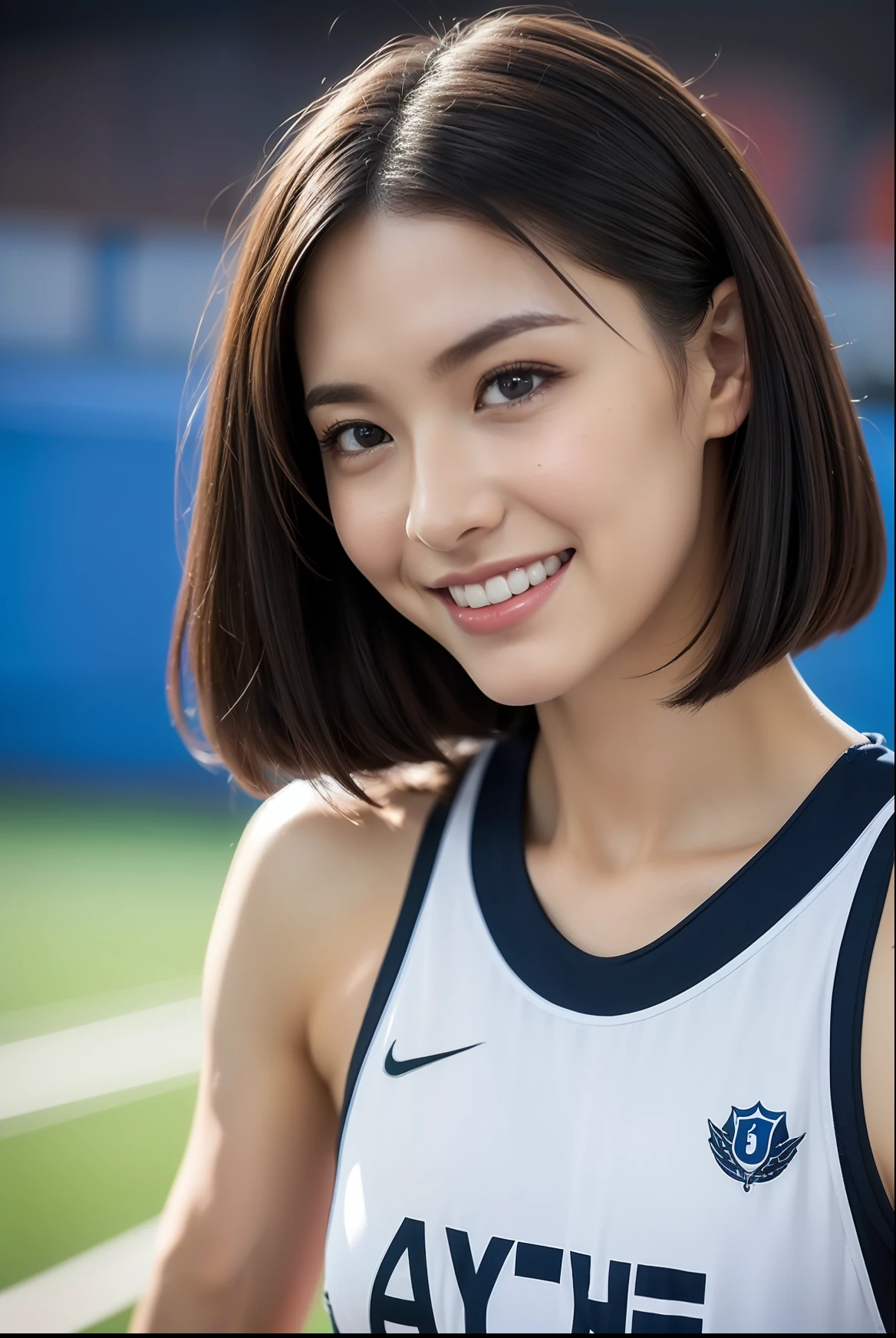 (((full bodyesbian)))、japanese beauty girl、(((track and field uniform)))、((Glossy shoulder-length black hair))、Posing、hairarmpits、Wet body、Sweaty body、Perfect style、beauty legs、kawaii、((Track & Field Athletes Women))、(((1人)))、((stadium))、Transcendent cute、A slight smil、Beautiful breasts、full bodyesbian、athletic field、((Outstanding style))、((Healthy body))、 Photorealsitic、Beautiful detailed eyes、Hyper-Realism、highcontrast、Ultra HD、realistic skin textures、Top image quality、top-quality、超A high resolution、Fine details、Very meticulously