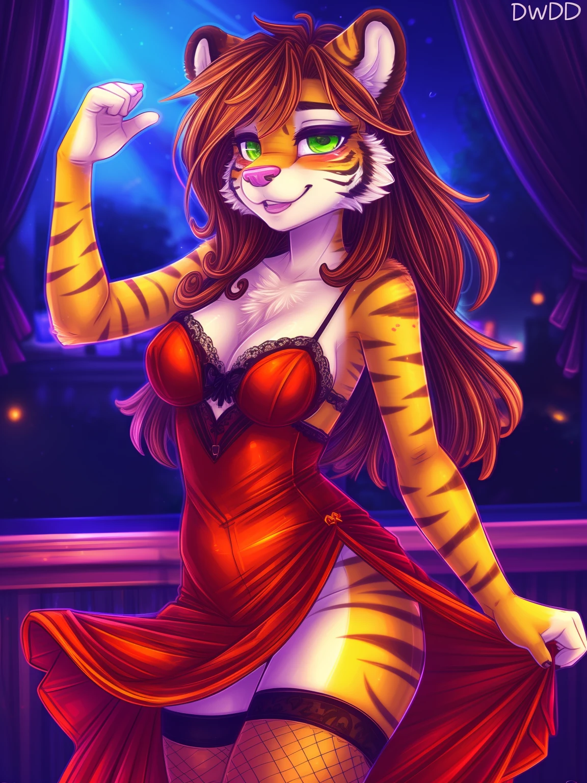 Tiger girl, sexy, sensual, uploaded to E621, beautiful and detailed portrait of an anthropomorphic tiger ((female))) uploaded to E621, ((by Dimwitdog)), Brown hair, green eyes, black high fishnet stockings, slim body, medium breasts, teenager ((18years)), solo, skinny body, night, party saloon, neon ligths, dancing, blush, embarrassed smile, long hair, long dress