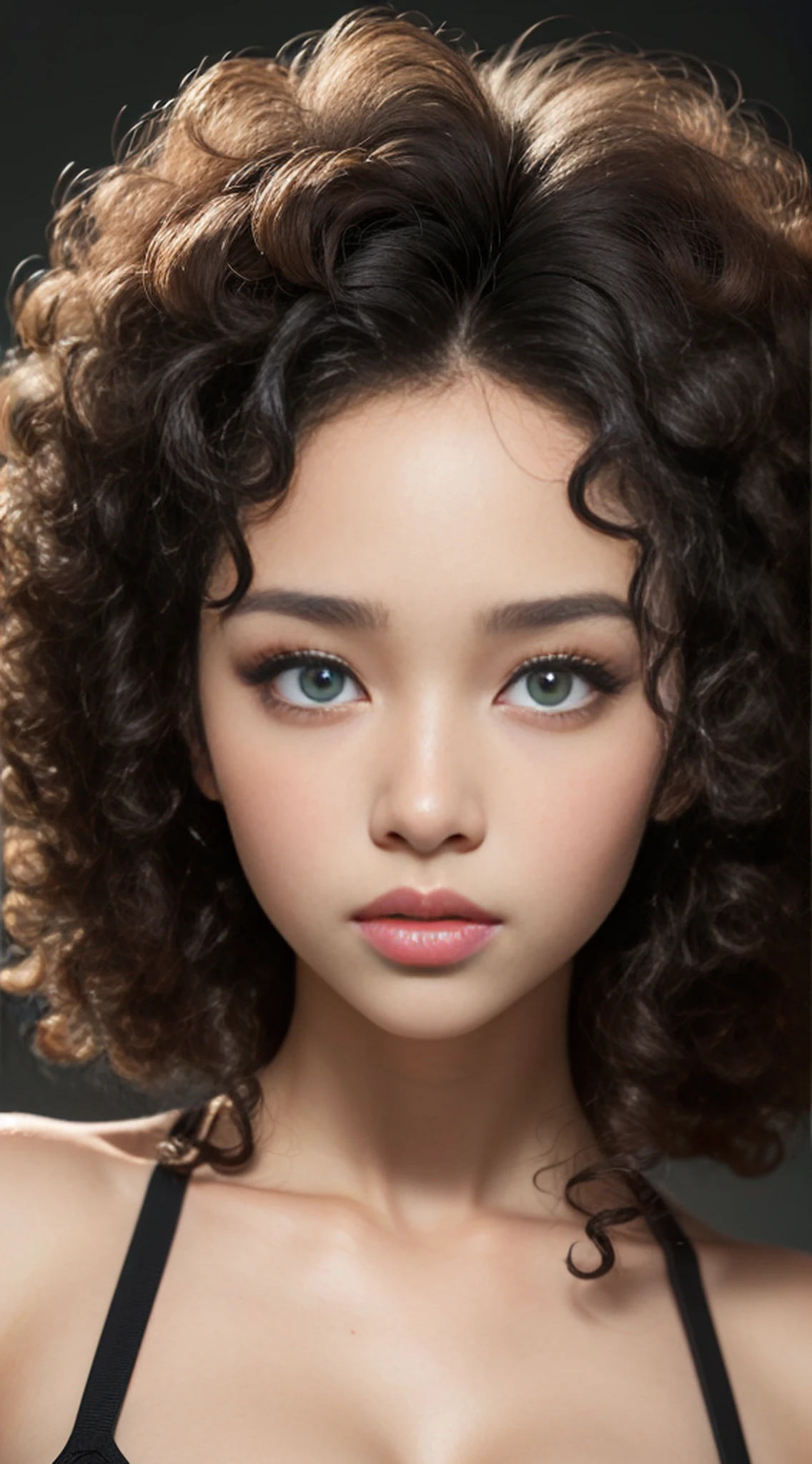 Girl Highly Detailed Face and Skin Texture, ((white skin)) big green eyes, slim face, juicy lips, bimbo lips, big puffy breast, ((afro curly Black hair)), pale skin, Detailed Eyes, Double Eyelids,