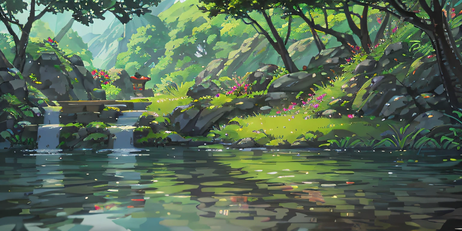 Chinese ancient times, spring, jungle, lake, cave, waterfall, tree, meadow, rock, deer, hot spring, water vapor, (illustration: 1.0), epic composition, realistic lighting, HD details, masterpiece, best quality, (very detailed CG unified 8k wallpaper)