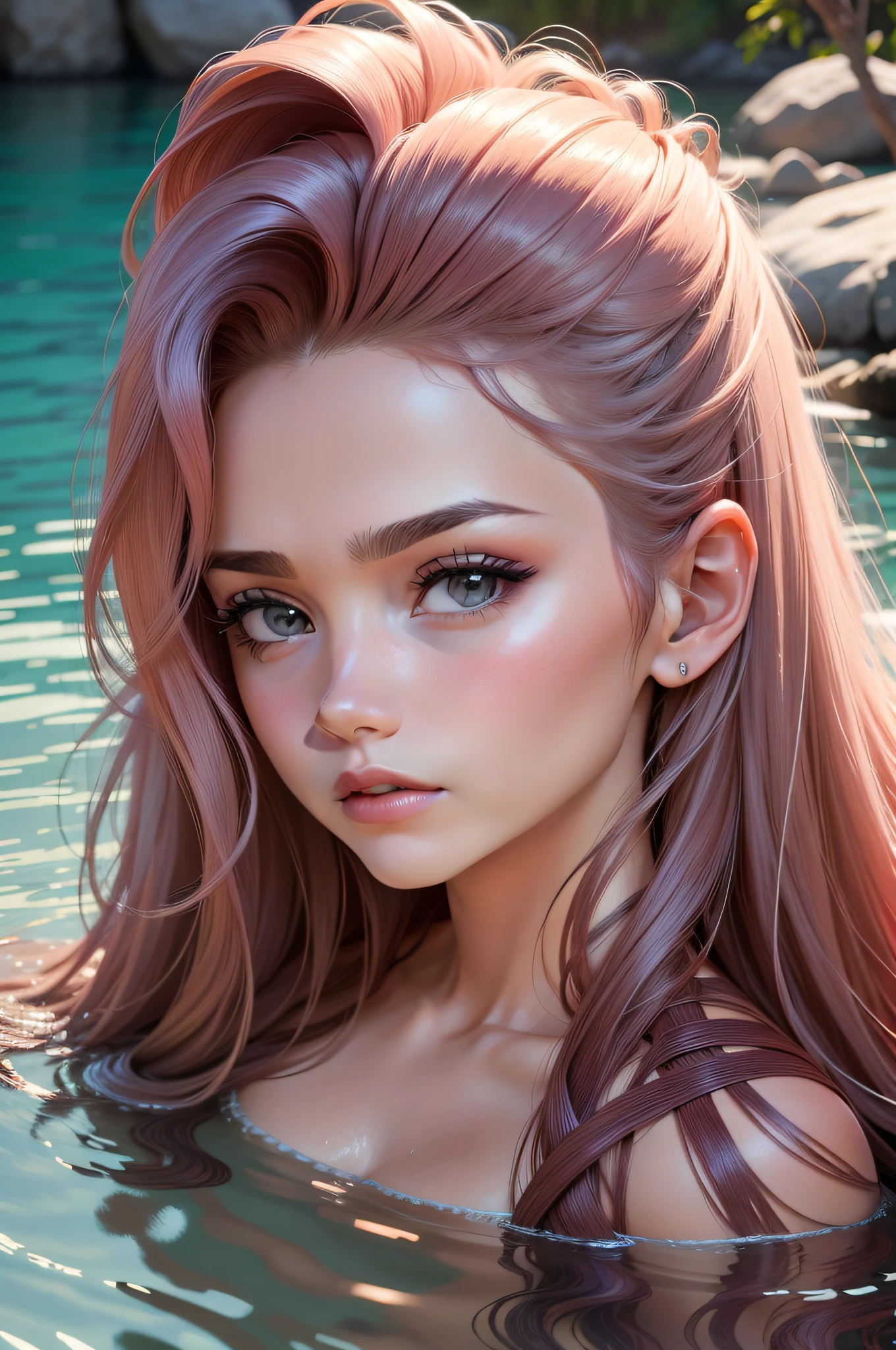 mulher , cabelos rosa avermelhado, olhos azuis, beautiful lighting, detalhado, peitos pequenos, on the surface of the water, foco no rosto, coroa de concha, foco no rosto, sardinhas no rosto, cabelo cobrindo os peitos, pelada, cabelos molhados