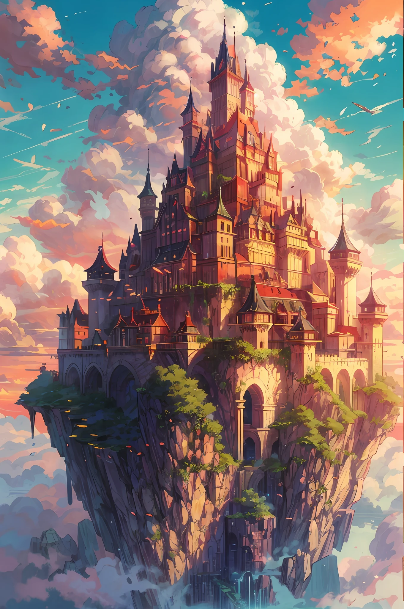 anime castle floating in the sky with a sunset in the background, flying cloud castle, palace floating in the sky, an immense floating castle, castle in the sky, castle in the sky style, flying castle, palace floating in heaven, cloud palace, abandoned castle in the sky, beautiful detailed fantasy, fantasy castle, high fantasy castle, floating palace