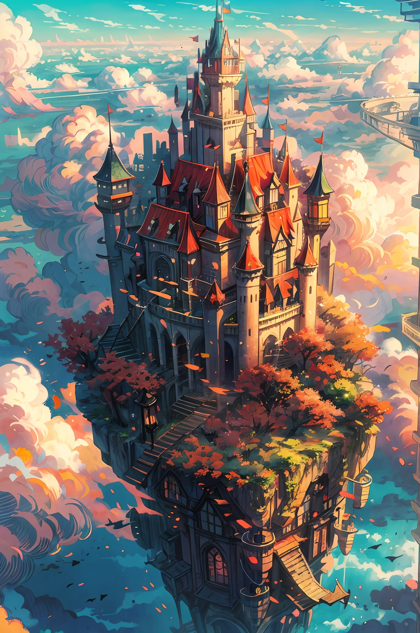 anime castle floating in the sky with a sunset in the background, flying cloud castle, palace floating in the sky, an immense floating castle, castle in the sky, castle in the sky style, flying castle, palace floating in heaven, cloud palace, abandoned castle in the sky, beautiful detailed fantasy, fantasy castle, high fantasy castle, floating palace