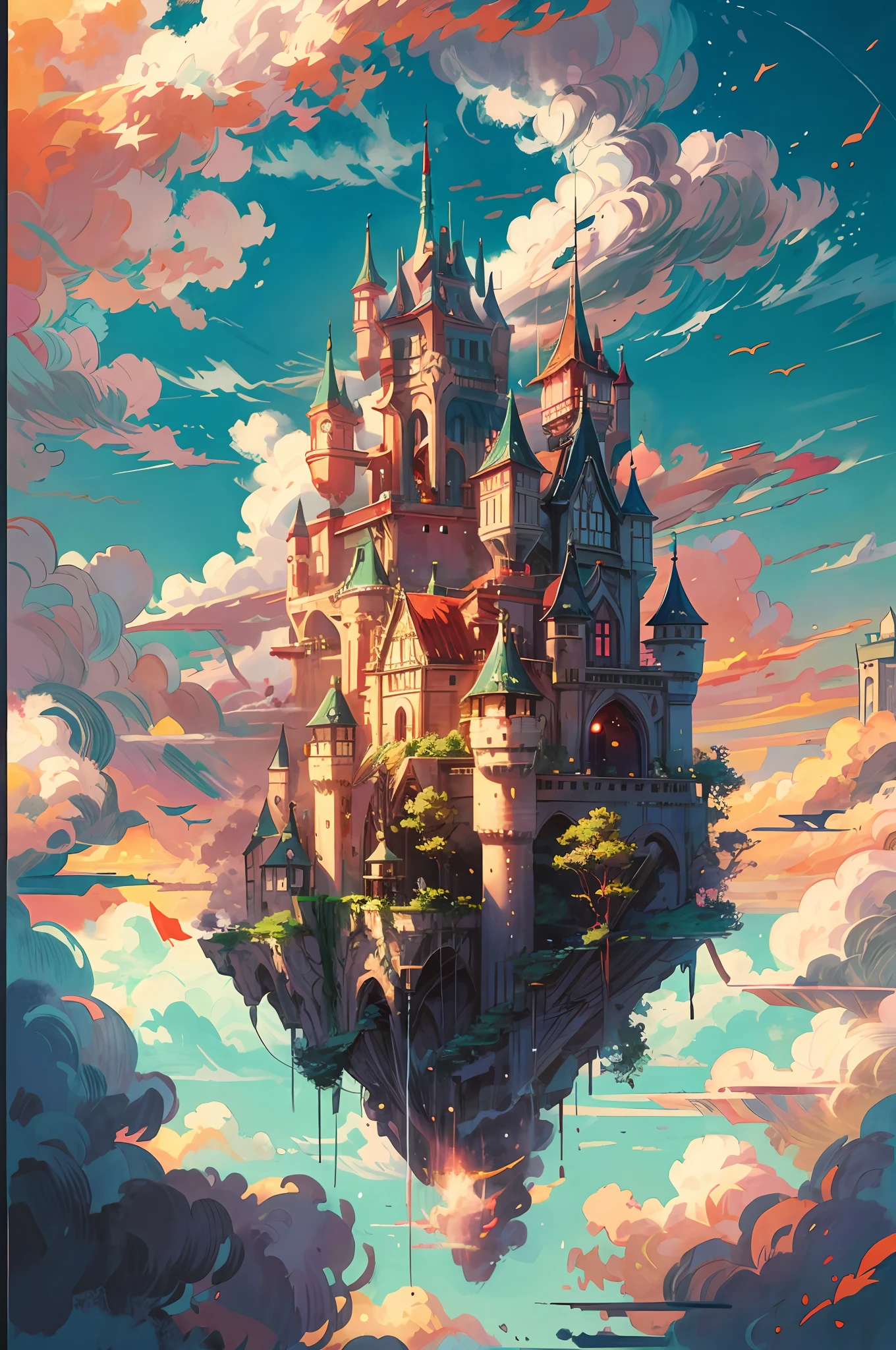 anime castle floating in the sky with a sunset in the background, flying cloud castle, palace floating in the sky, an immense floating castle, castle in the sky, castle in the sky style, flying castle, palace floating in heaven, cloud palace, abandoned castle in the sky, beautiful detailed fantasy, fantasy castle, high fantasy castle, floating palace