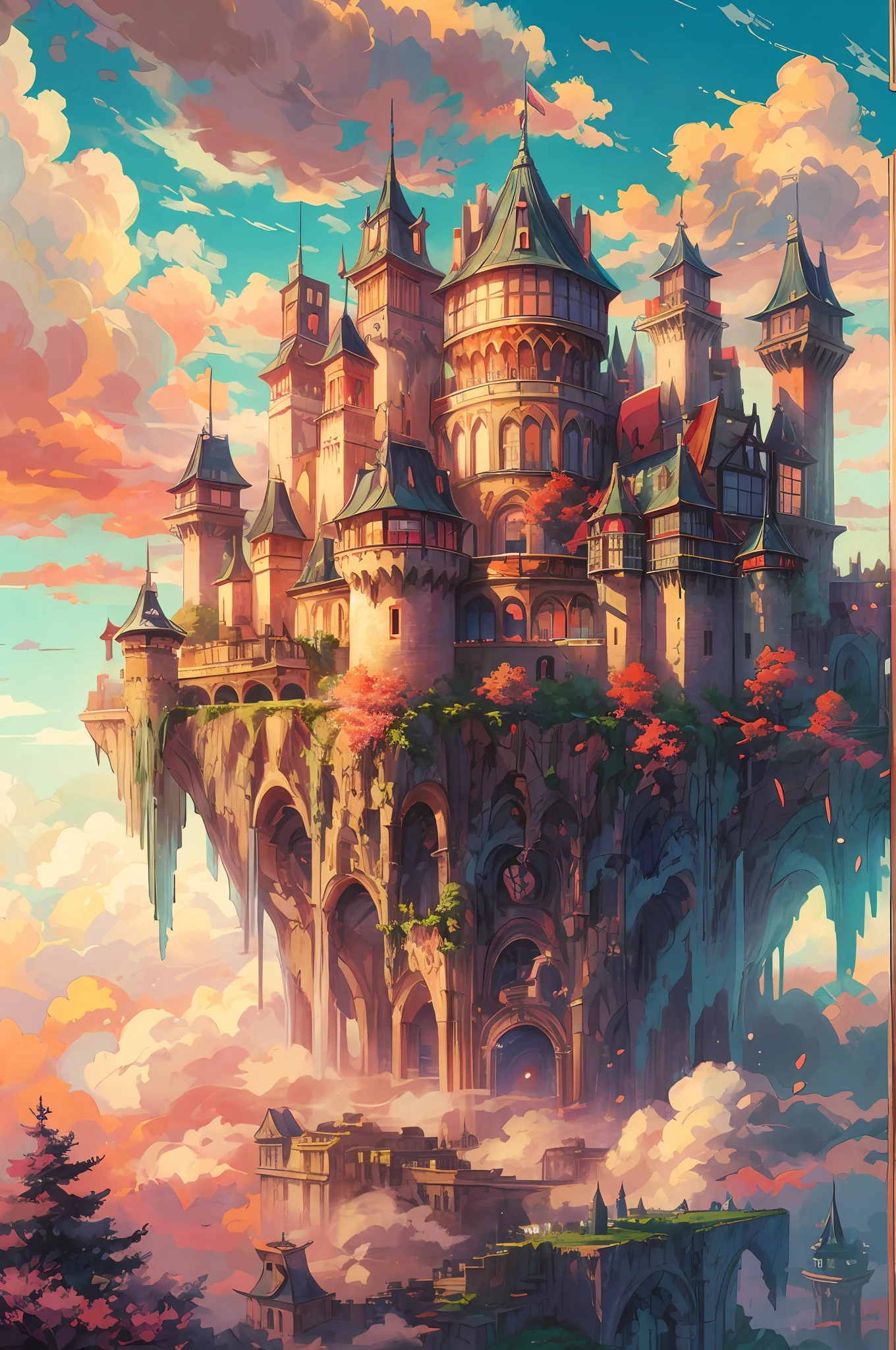 anime castle floating in the sky with a sunset in the background, flying cloud castle, palace floating in the sky, an immense floating castle, castle in the sky, castle in the sky style, flying castle, palace floating in heaven, cloud palace, abandoned castle in the sky, beautiful detailed fantasy, fantasy castle, high fantasy castle, floating palace