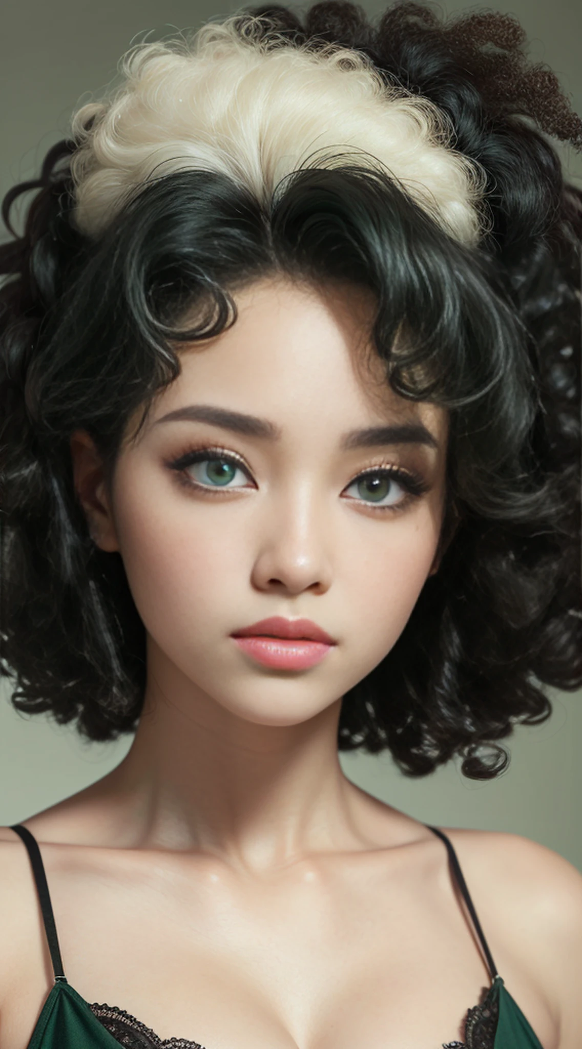 Girl Highly Detailed Face and Skin Texture, ((white skin)) (big green eyes), slim face, juicy lips, bimbo lips, big puffy breast, ((afro curly Black hair)), pale skin, Detailed Eyes, Double Eyelids,