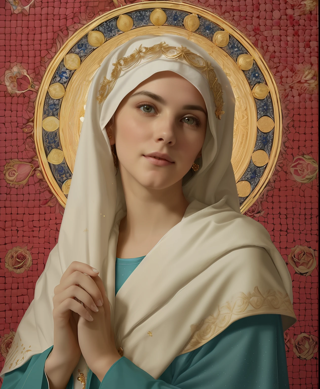 (((Holy VIRGIN MARY MYSTICAL ROSE. 19 years old))) ((( Con una cara seria y piadosa. Con una mirada dulce y tierna))) (obra maestra, calidad superior, mejor calidad, arte oficial, beautiful and aesthetic: 1.2), (1girl), extremadamente detallado, (Arte fractal: 1.3), colorido, highest detailed, Cara perfecta, parte superior del cuerpo, HDR, (orando: 1.3), (golden lines of white coat: 1.2), galaxia, (rayas de luz), eye-catching visuals, (dynamic stripes, senderos luminosos: 1.2), colores vibrantes,