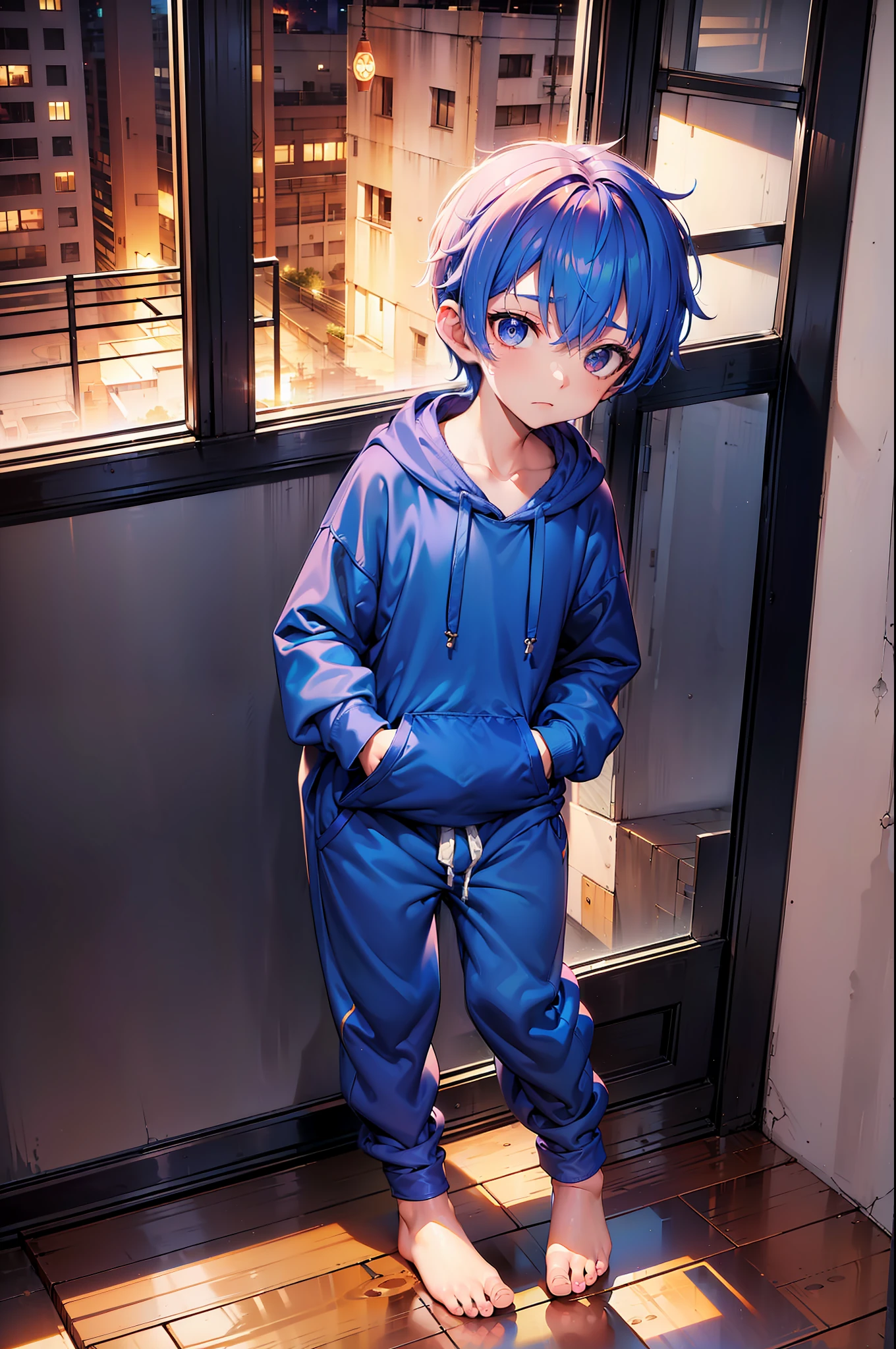 1 Little boy with royal blue colored hair and shiny, glowing red eyes and barefoot and small feet, who wear a yellow oversized hoodie and sweatpants, die auf einem Fenstersims sitzen, flush, Jung, Junge, Kind, klein, Kleinkind, tiny feet, (Jogginghose:1.4), (Jung:1.4), (Kind:1.4), (Shota:1.4), (Kapuzenpullover:1.4), (sunset:1.4),