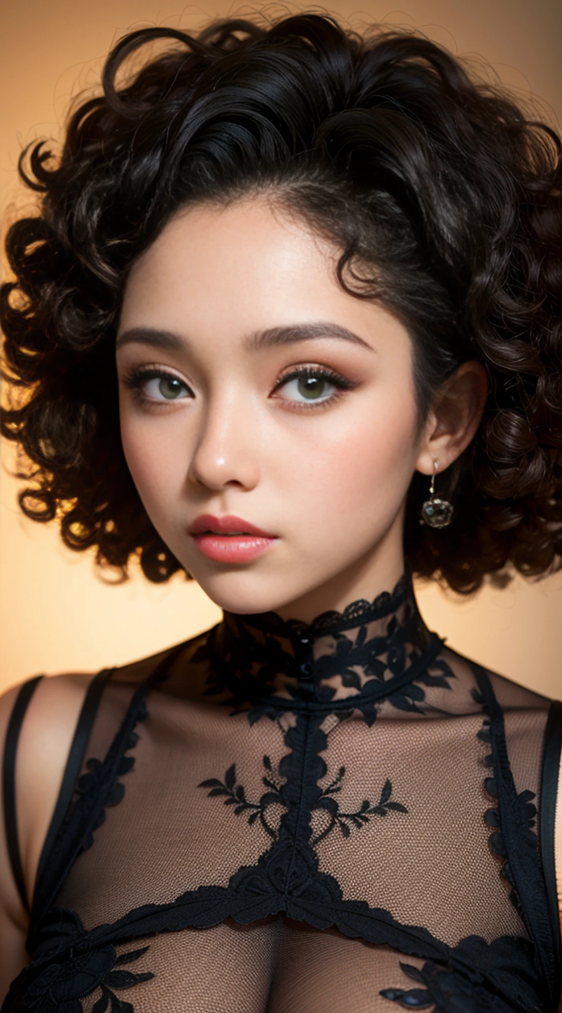 Girl Highly Detailed Face and Skin Texture, ((white skin)) big green eyes, slim face, juicy lips, bimbo lips, big puffy breast, ((afro curly Black hair)), pale skin, Detailed Eyes, Double Eyelids,