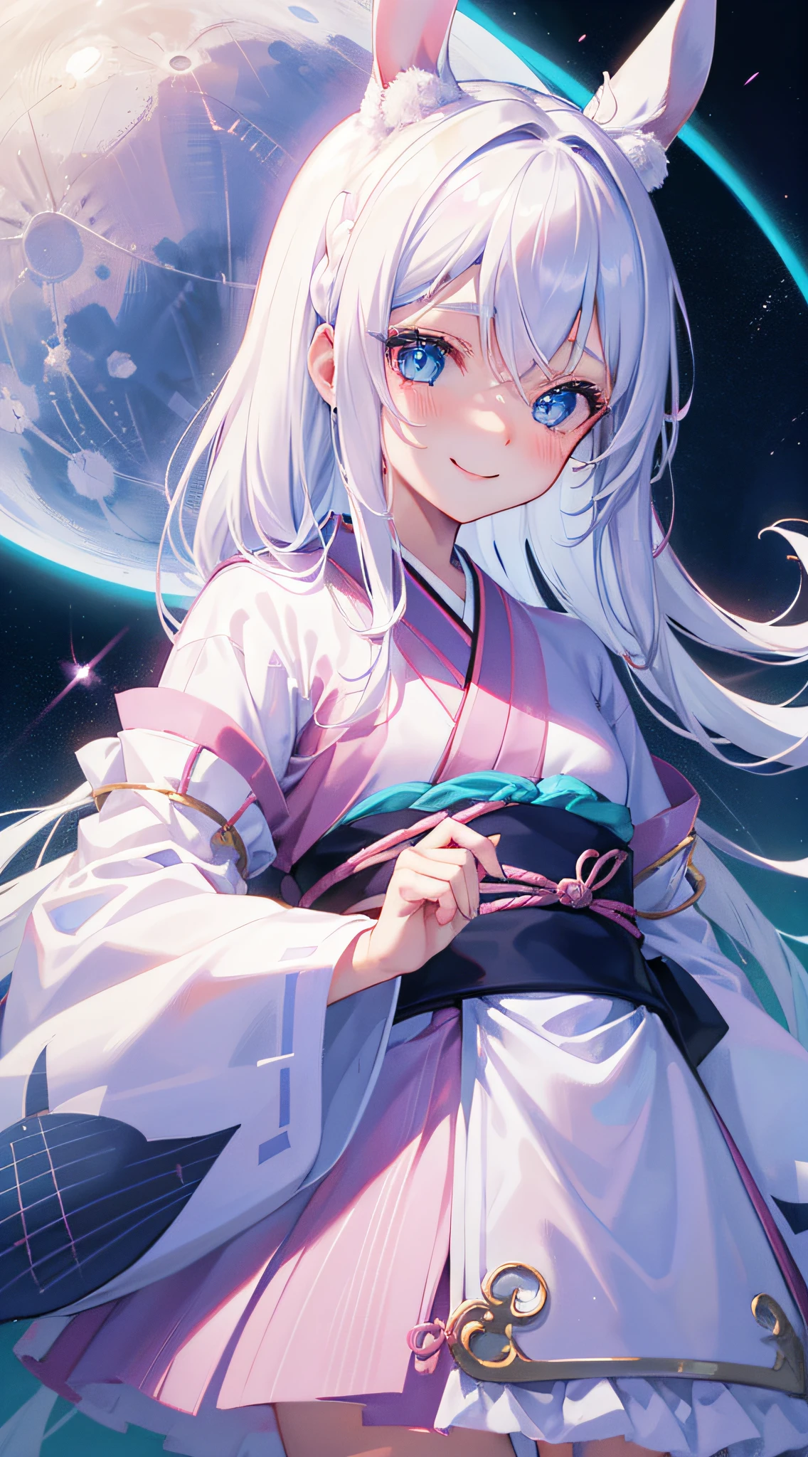 teens girl、childish、White hair、Pink mesh、Blue eyes、Detailed eyes、rabbitears、Naughty child、a smile、kimono、kosmos、Lunar surface