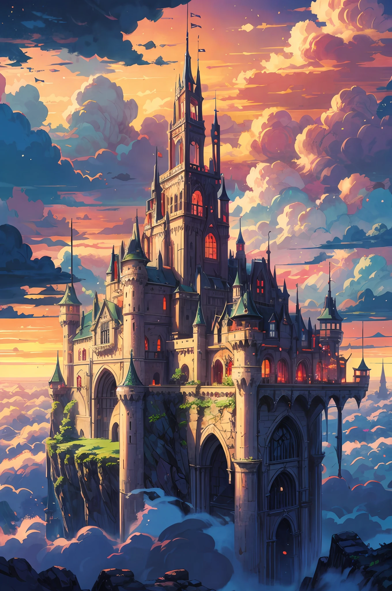 anime castle floating in the sky with a sunset in the background, flying cloud castle, palace floating in the sky, an immense floating castle, castle in the sky, castle in the sky style, flying castle, palace floating in heaven, cloud palace, abandoned castle in the sky, beautiful detailed fantasy, fantasy castle, high fantasy castle, floating palace
