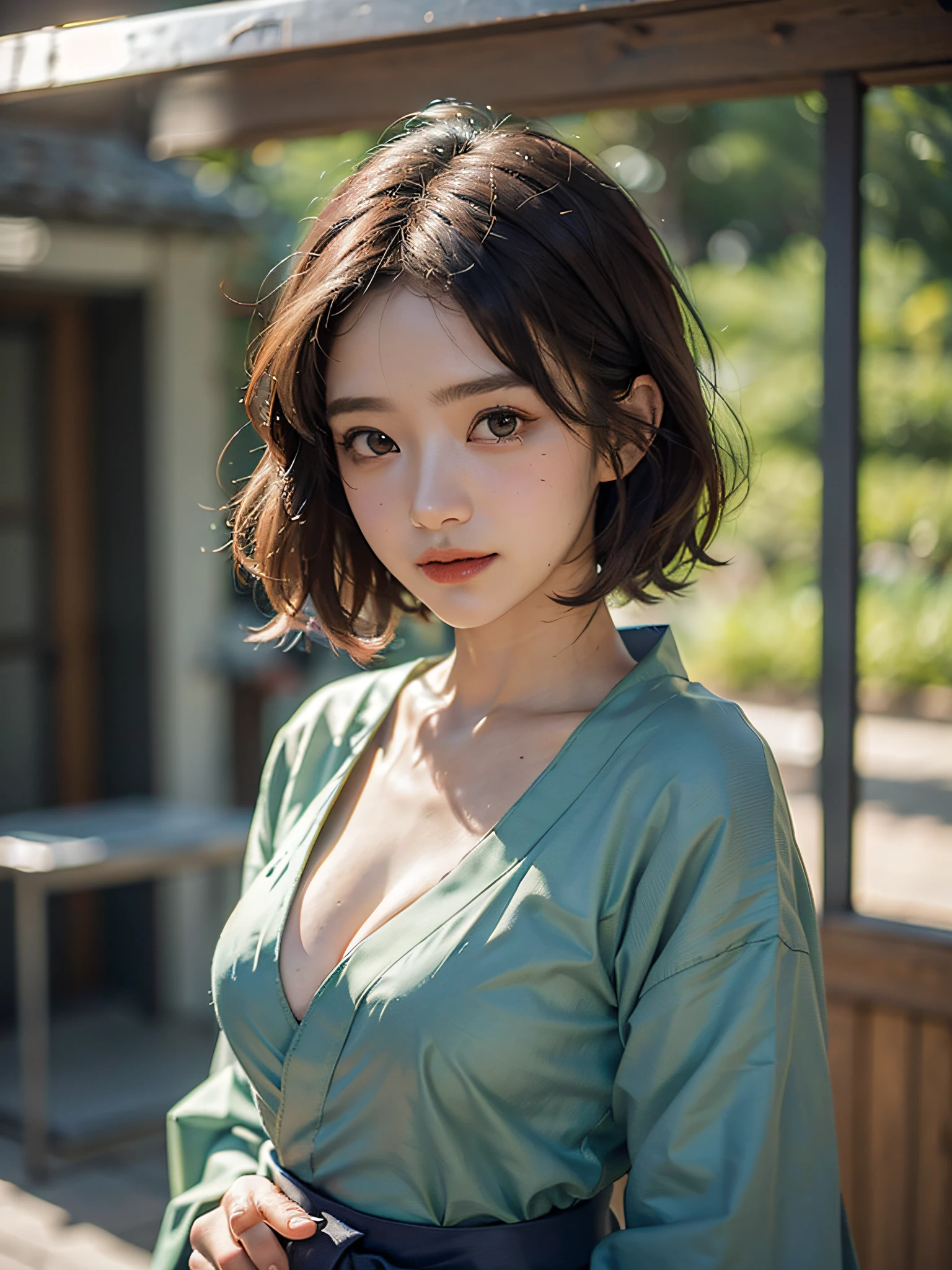 (top-quality、8K、​masterpiece)、(The best illustrations)、extremely delicate and beautiful、Unity、Amazingly fine detail、超A high resolution、extra detailed face、Superbly detailed eyes、(Best Shadows:1.1)、(photo realistic1.3)、Realistic facial proportions、a handsome female、独奏、(Large breasts:1.4)、Slimed、smiling at the viewer、(hakama:1.5)、(makeups:0.4)、dark brown hair、a short bob、(irregular skin imperfections、vein、Wrinkled pores on the skin:1.1)、(bokeh dof:1.4)、cowboy  shot、Sunnyday