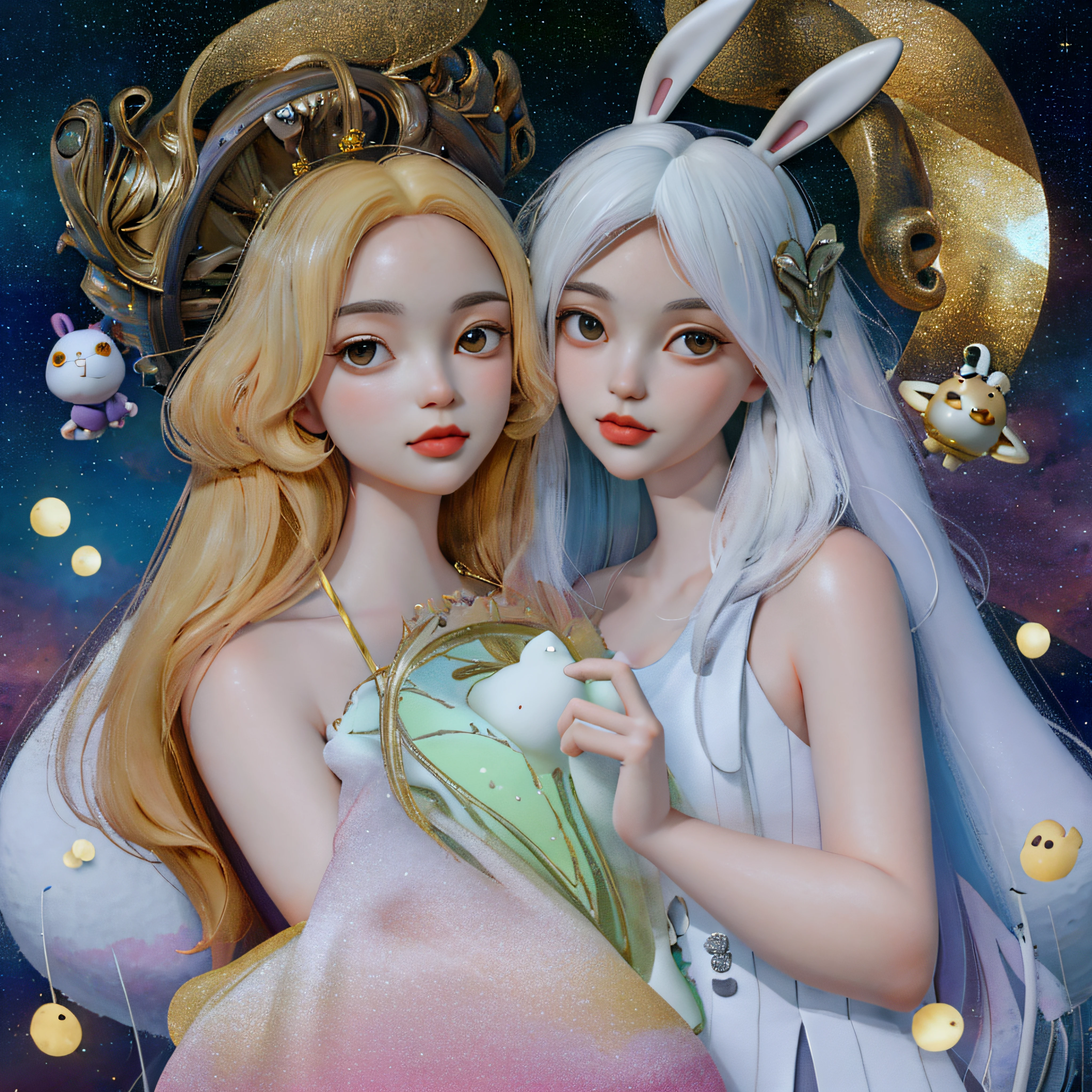 3D, 1 Bunny Girl, looking at viewert, street fashion, full bodyesbian, squatt, tmasterpiece, Best quality at best, 8K, detailed skin textures, Detailed cloth texture, Beautiful detailed face, intricately details, ultra - detailed，a drawing，Wearing a white dress{（Bunny girl with plush bunny ears holding her beloved pet Angora Longhair Bunny）},Black straight hair, Maryam al-Hashemi's storybook illustration, featured on deviantart, Pop surrealism, Storybook illustration, aquarelle, Whimsical,styled：Jasmine Becket-Griffith和Mattias Adolfsson，((tmasterpiece)),high high quality,ultra - detailed,Golden hair+white apparel:1.2,Sweet and delicate bunny girl,JDM,Lolita prostitute，Delicate facial features,perfect bodies，（Five fingers fit both hands），The face is decorated with pearls，Bubbles around,Vivid and bright colors,Romantic long hair,Natural light,Warm and sweet,with brown eye,Gorgeous hair decoration。{（Spaceship，Nine planets，Star ring，starlights，Interstellar background.）}
