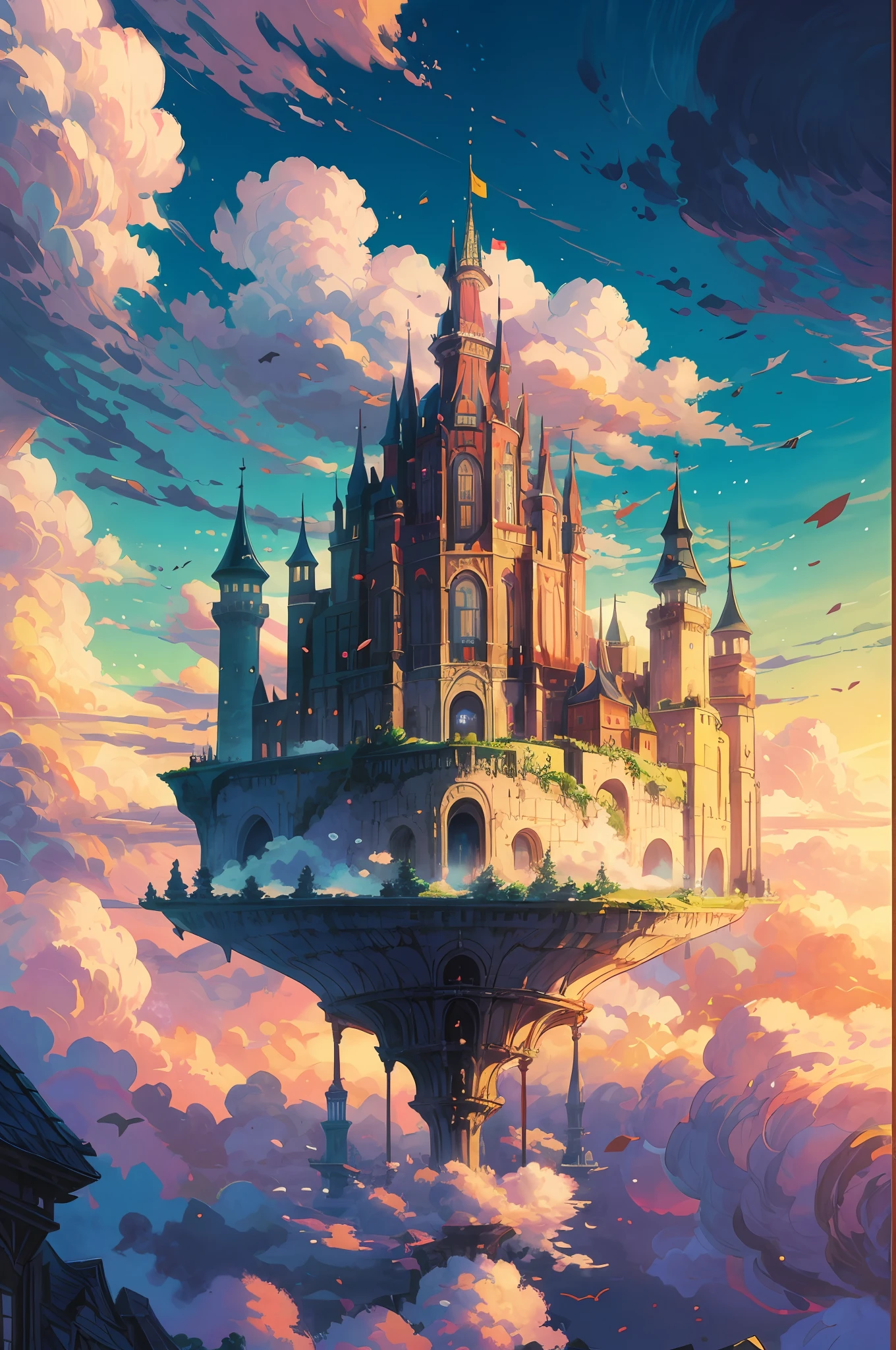 anime castle floating in the sky with a sunset in the background, flying cloud castle, palace floating in the sky, an immense floating castle, castle in the sky, castle in the sky style, flying castle, palace floating in heaven, cloud palace, abandoned castle in the sky, beautiful detailed fantasy, fantasy castle, high fantasy castle, floating palace