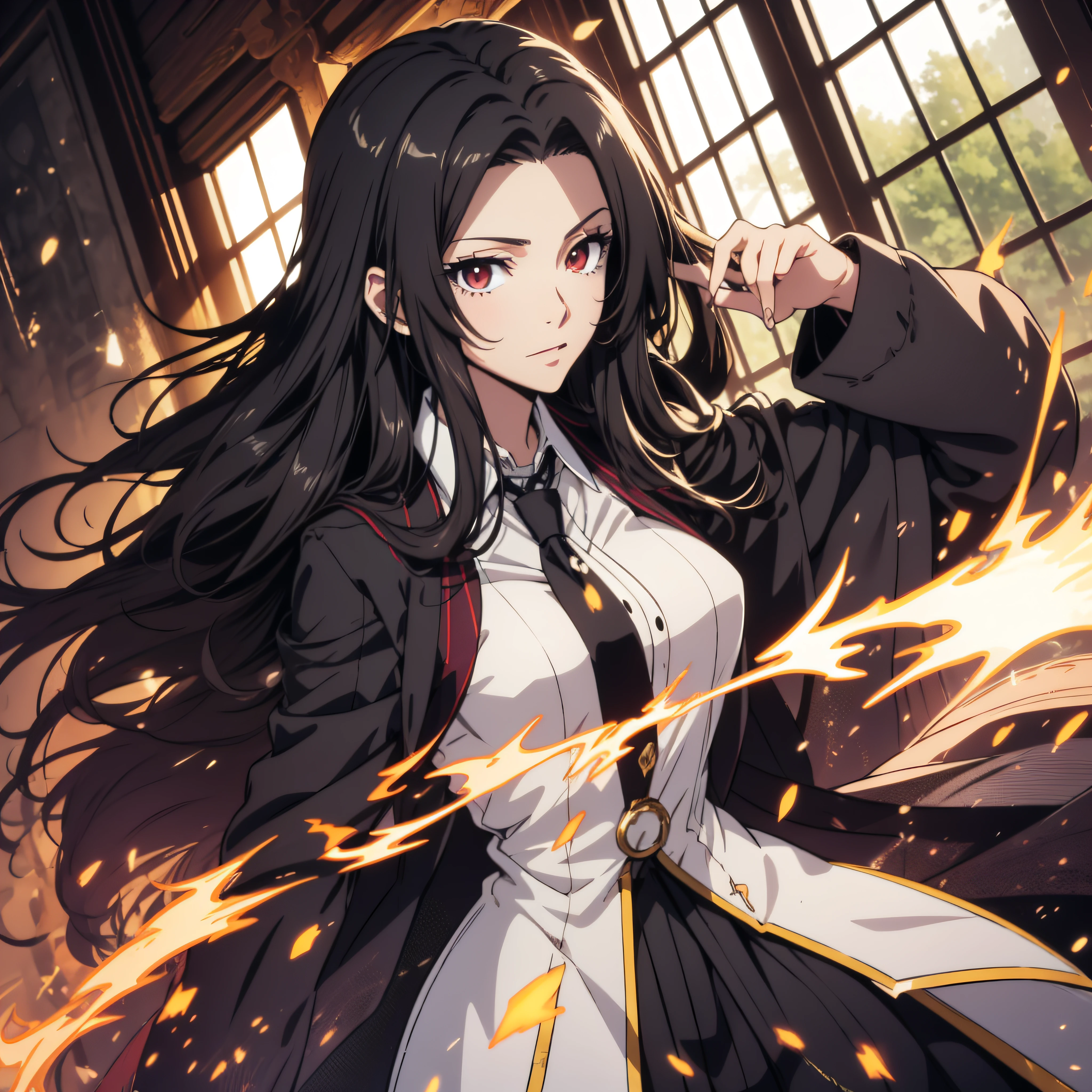 (ultra-detailed, perfect pixel, highrest, best quality), 20 years old Anime girl, smooth anime artstyle, long raven hair, slightly wavy hair, parted bangs, black hair, gradient hair color, Magus, ((red eyes)), detailed eyes, beautiful eyes, long black coat, white shirt, ((neckwear, long tie)), black skirt, aristocrat, noble attire, beautiful, ethereal, elegant, prestigious, indoor, royal, kingdom, particle effect, smooth smoke effect, fire flame, lightning, magic light, standing, looking at viewer