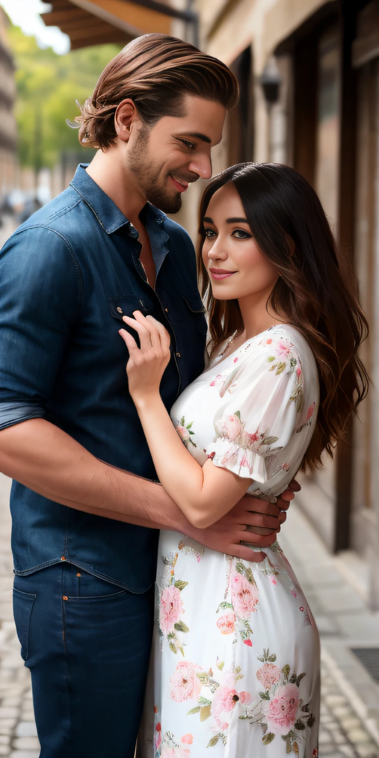 Un homme, une femme, intertwined who look at each other with love. The man is elegant, beau, il mesure 1m93, il a 33 ans, c'est un caucasien blond au cheveux courts, il porte un jean, une chemise noire et des Timberland. La femme est belle, elle a 27 ans, elle est black, elle mesure 1m70, She wears a long floral summer dress, cutscene