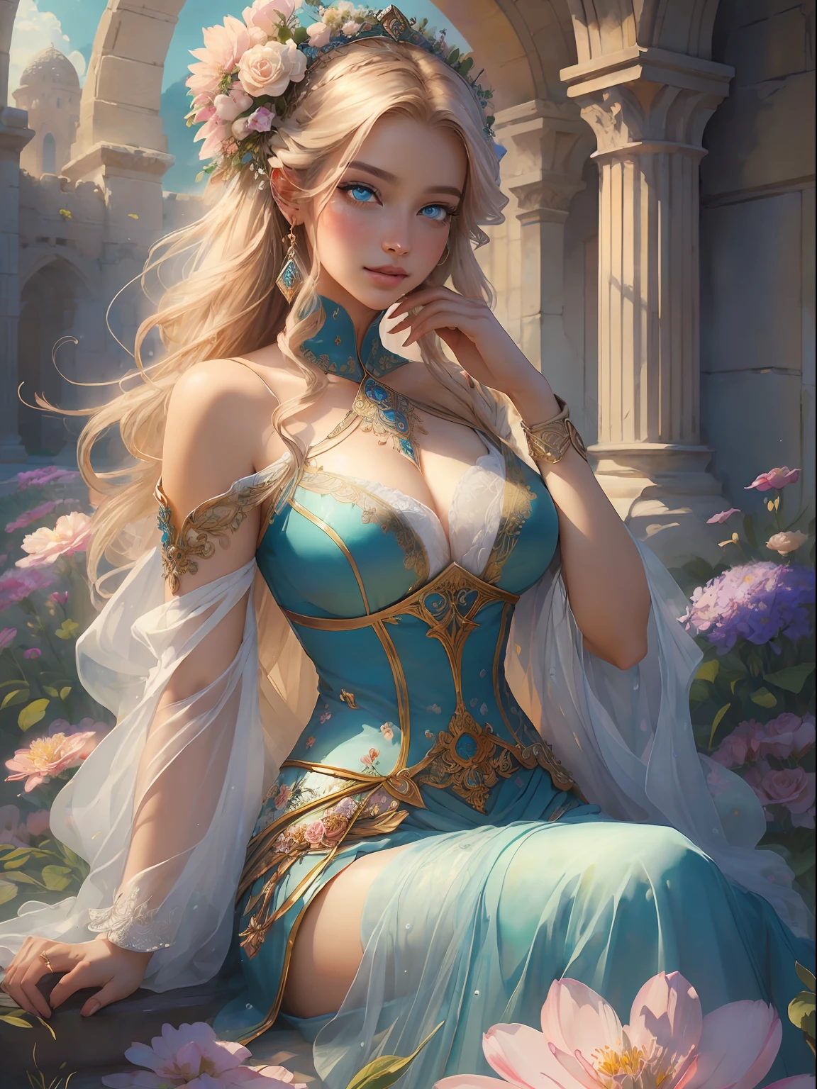 This artwork is dreamy and in the style of mythic fantasy, with soft watercolor hues in varying shades of pink, blue, and purple. Generate an ornate figure from Greek mythology and realistic skin and hair texture. Her strong, proud face has realistically shaded eyes and puffy lips, and a big mouth. Her soft, realistic hair is dancing in the breeze along with the flowers and detailed butterflies that surround her. Include highly detailed fantasy touches including a beautiful watercolor sky. Include 8k eyes, hires eyes, beautiful detail eyes, beautiful detailed eyes, and realistic eyes. Include fantasy details, enhanced details, iridescence, and colorful glitter. Pay special attention to her face and make sure it is beautifully and realistically detailed. 8k, intricate, elegant, highly detailed, majestic, digital photography, art by artgerm and ruan jia and greg rutkowski, (((masterpiece, finely detailed beautiful eyes: 1.2))), hdr, ((realistic skin texture)), rays of light, ornate flowers, dew drops, sunlight, hazy rays of sun, flowergateway style, castle, palace, archway, flowers, growing