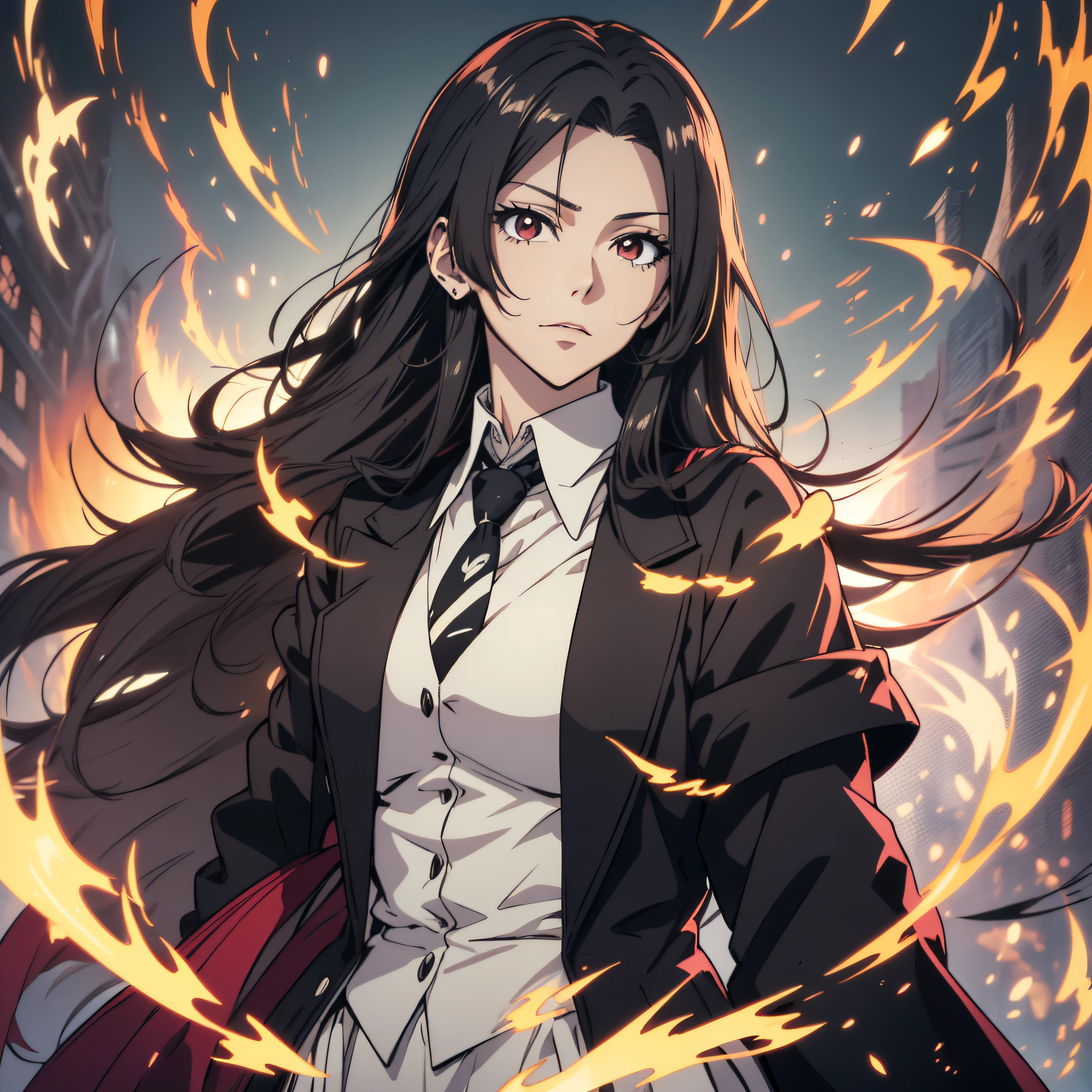 (ultra-detailed, perfect pixel, highrest, best quality), 20 years old Anime girl, smooth anime artstyle, long raven hair, slightly wavy hair, parted bangs, black hair, gradient hair color, Magus, ((red eyes)), detailed eyes, beautiful eyes, long black coat, white shirt, ((neckwear, long tie)), black skirt, aristocrat, noble attire, beautiful, ethereal, elegant, prestigious, indoor, royal, kingdom, particle effect, smooth smoke effect, fire flame, lightning, magic light, standing, looking at viewer