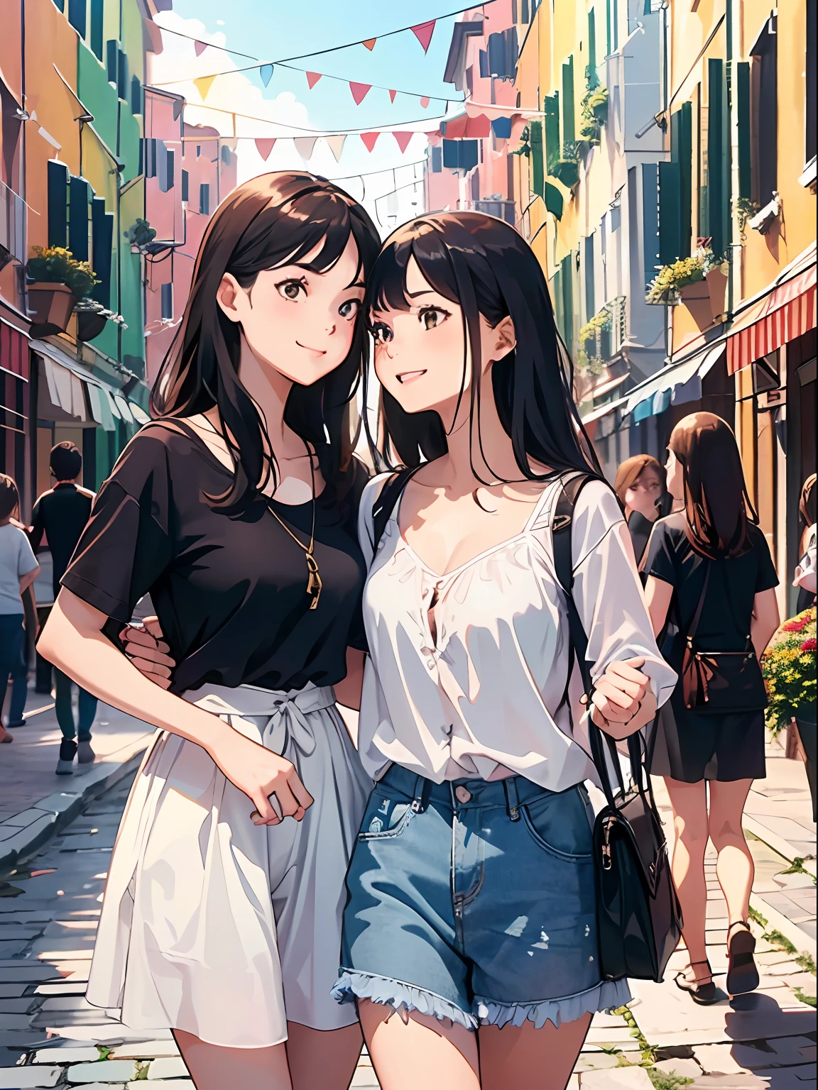 high quarity,Super-resolution,finely detailed,(communicated 2 girls,couple,pair,2girls have opposite appearance each,summer outfits,various hair type),travel,sightseeing,
in summer,venezia,(fun smiles:0.7),face to face,